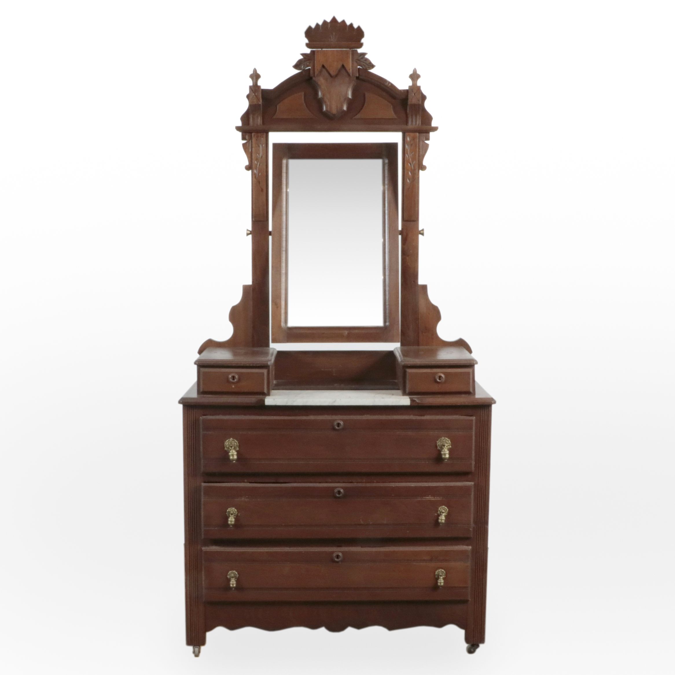 Eastlake Style Marble Top Walnut Chest with Tilting Vanity Mirror