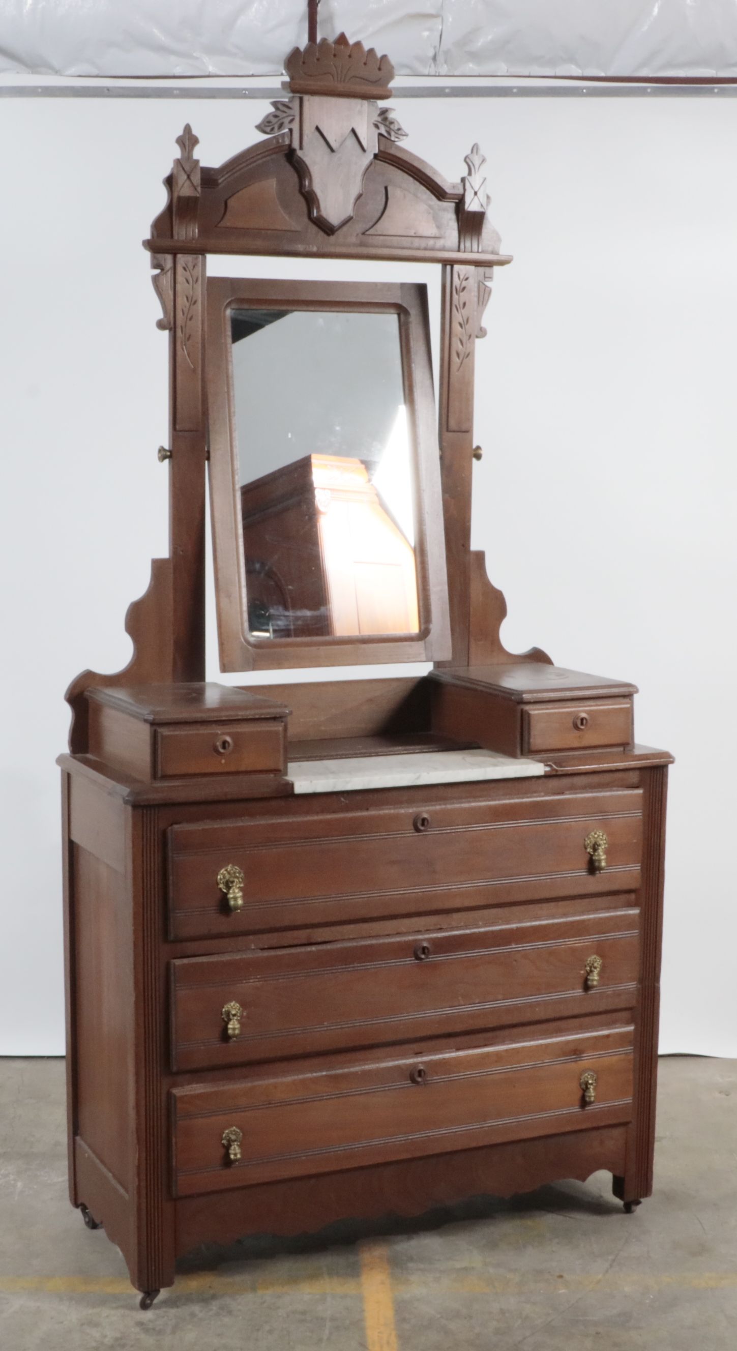 Eastlake Style Marble Top Walnut Chest with Tilting Vanity Mirror