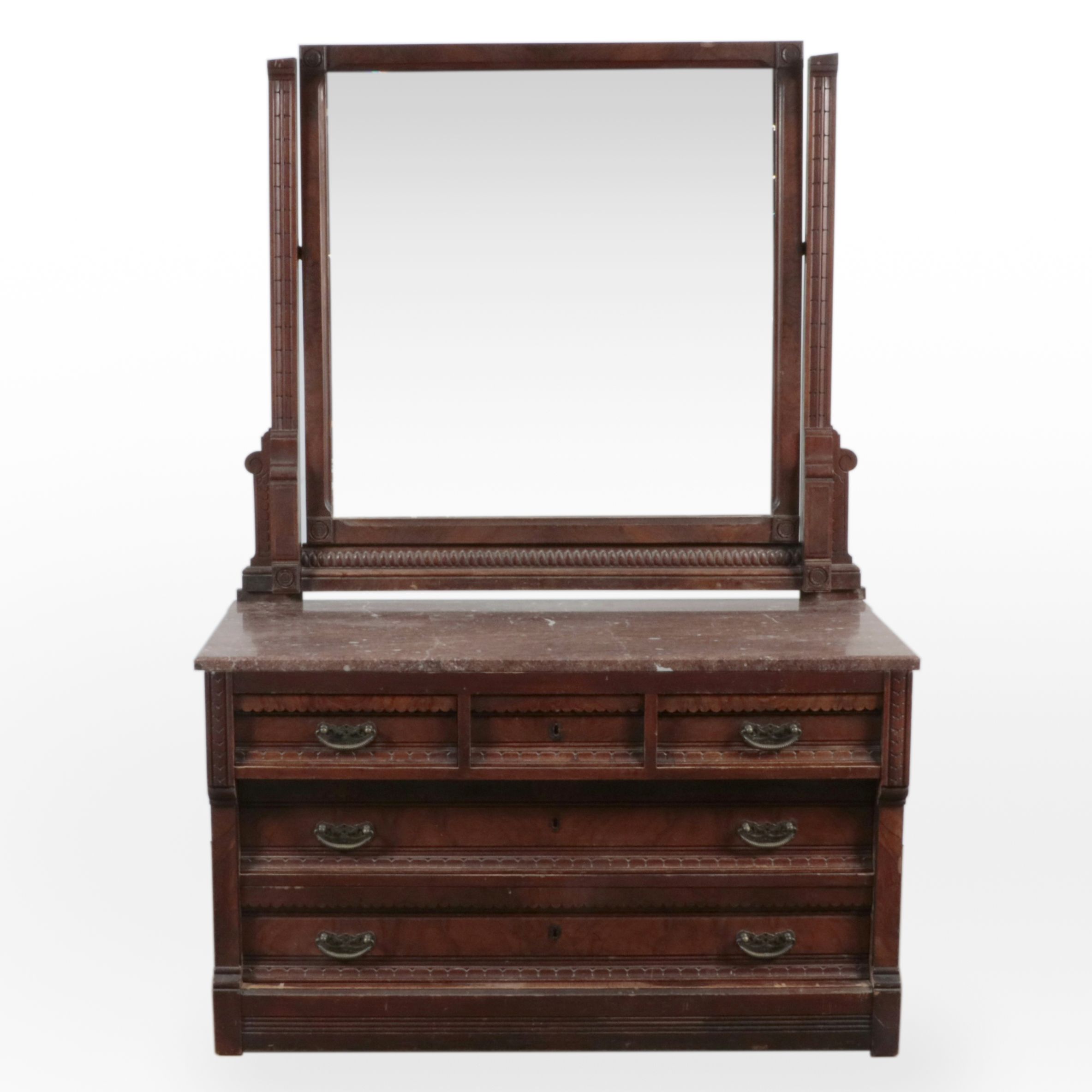Eastlake Victorian Marble Top Walnut Dresser with Mirror