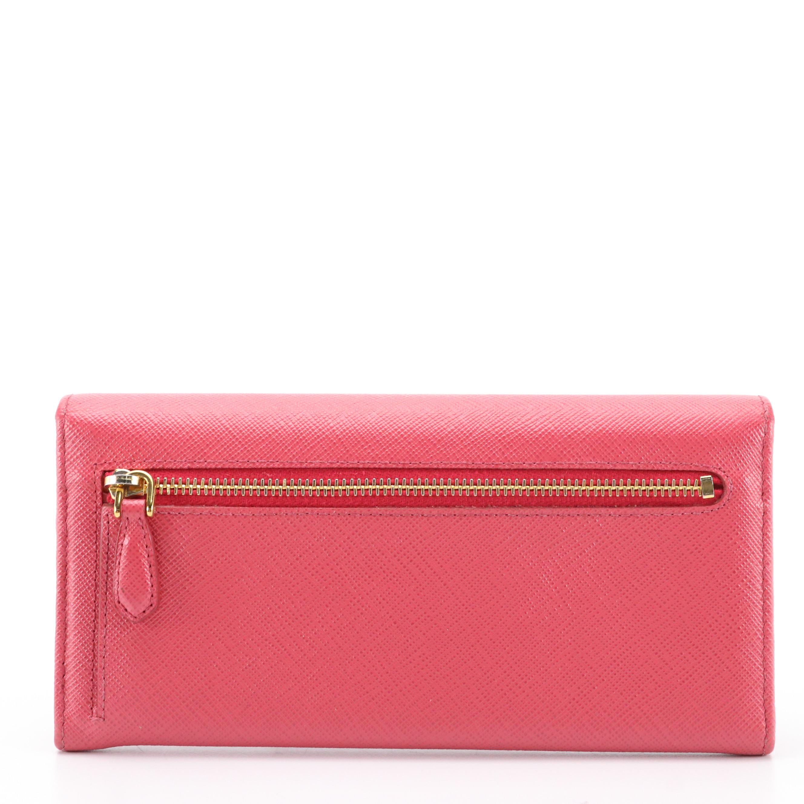 Prada Continental Bow Wallet in Pink Saffiano Leather With Box
