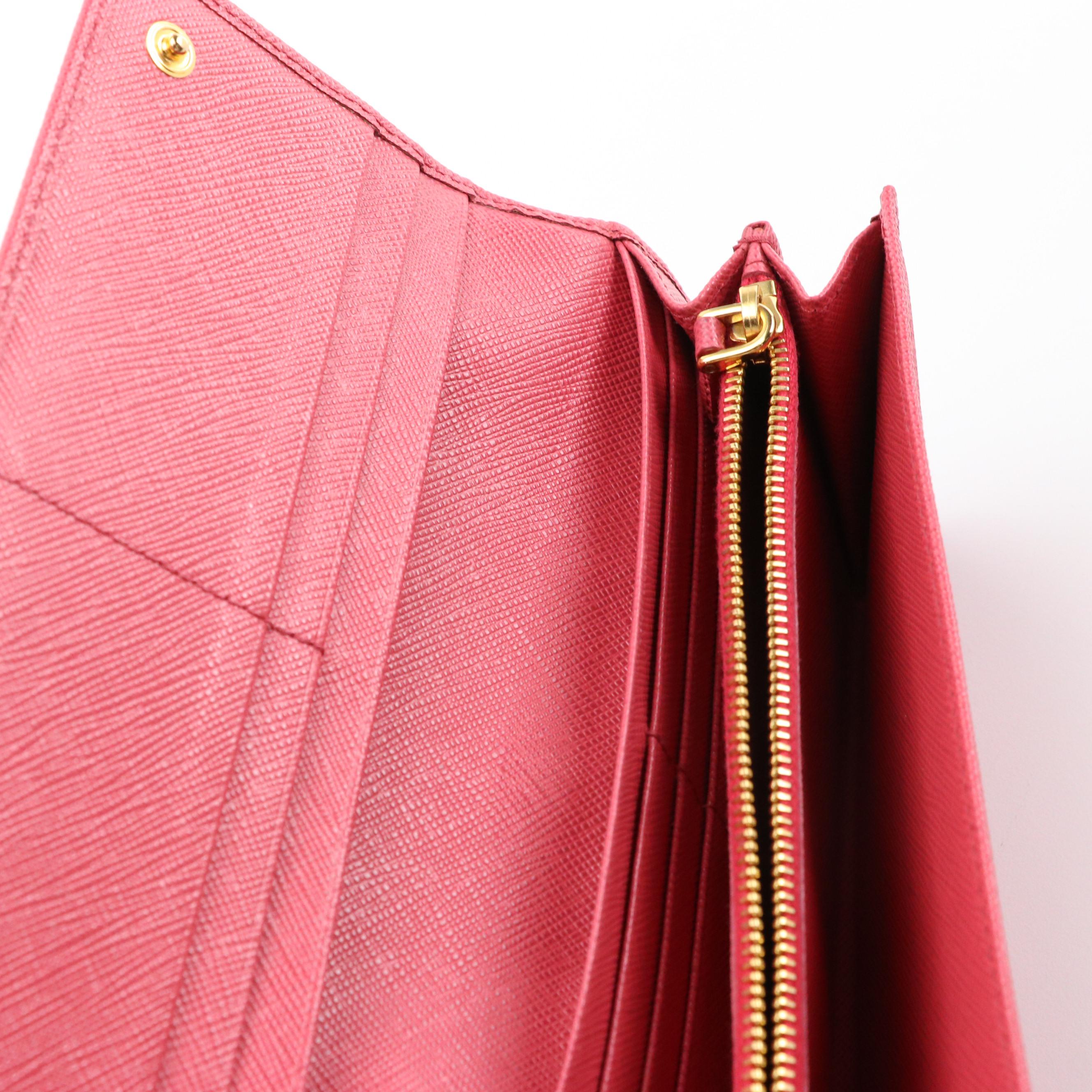 Prada Continental Bow Wallet in Pink Saffiano Leather With Box