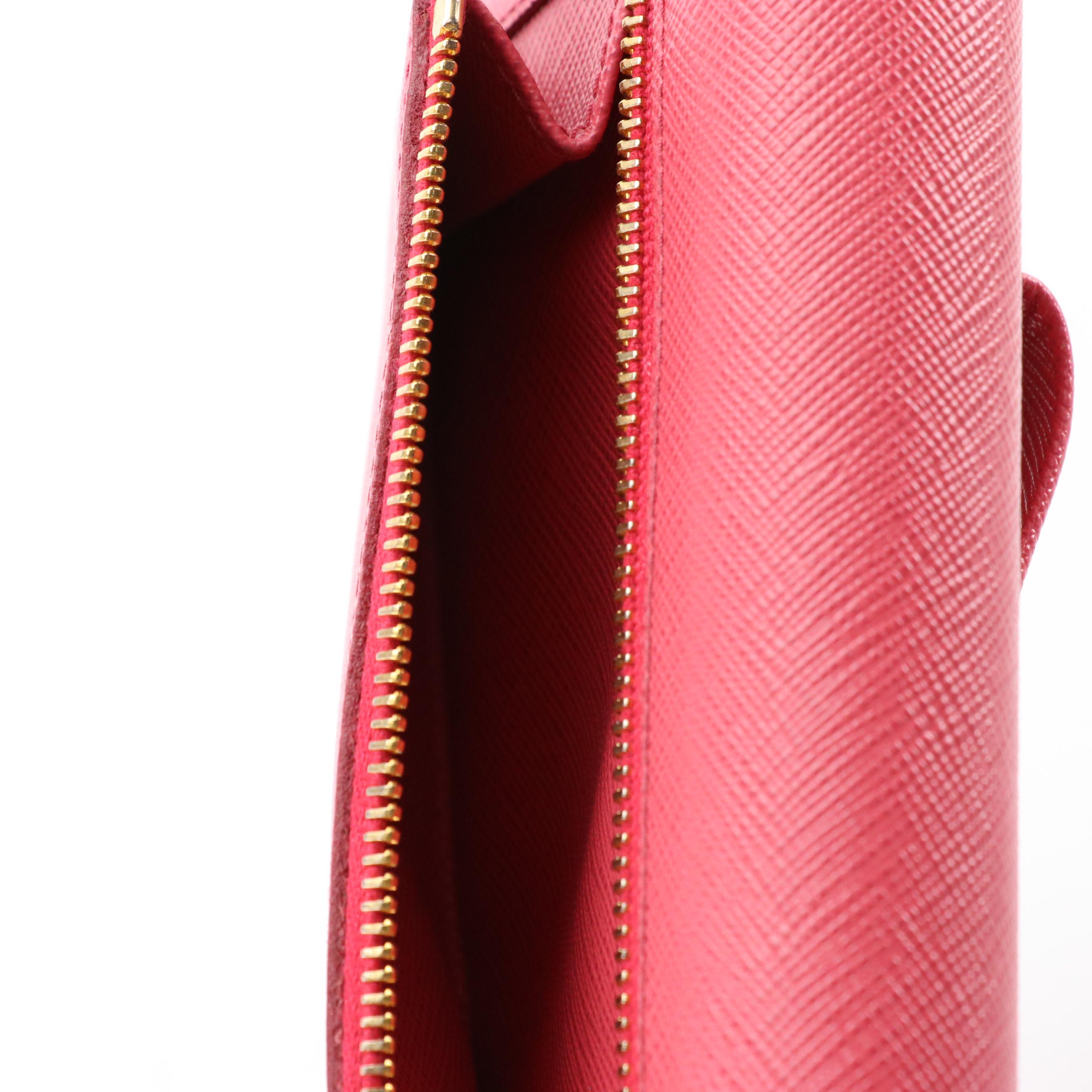 Prada Continental Bow Wallet in Pink Saffiano Leather With Box