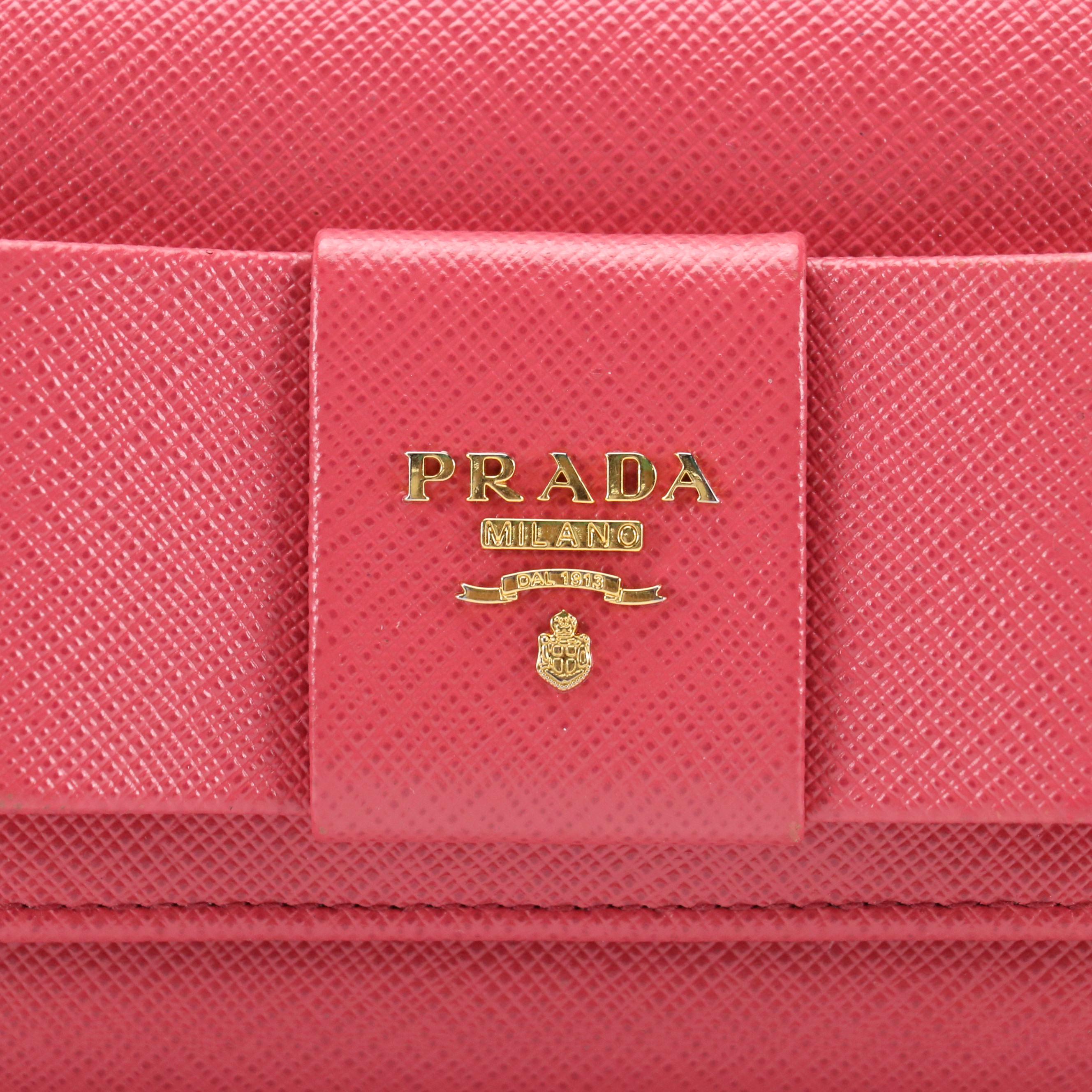 Prada Continental Bow Wallet in Pink Saffiano Leather With Box