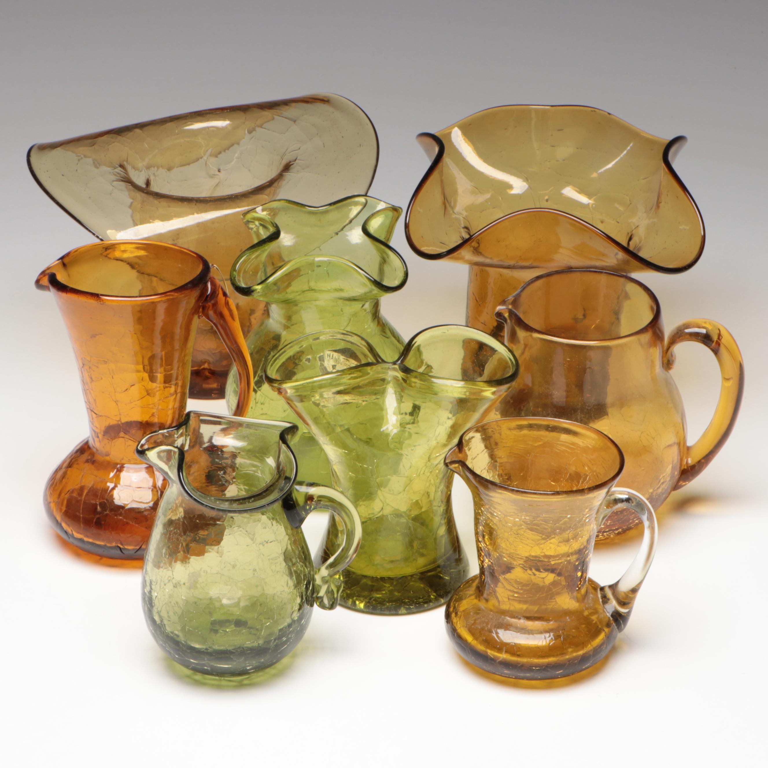 Small Hand Blown Amber and Green Crackle Glass Pitchers and Vases