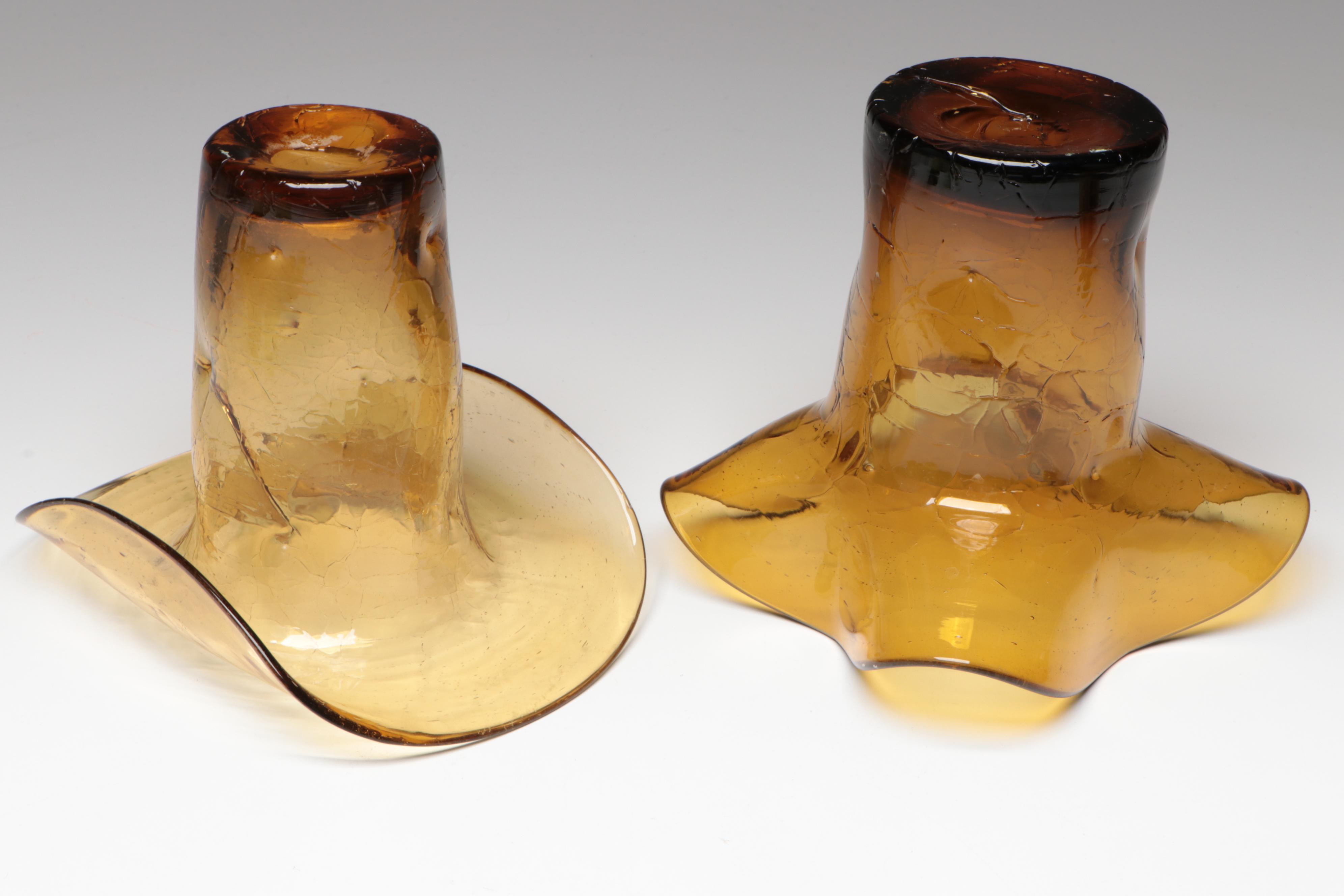 Small Hand Blown Amber and Green Crackle Glass Pitchers and Vases