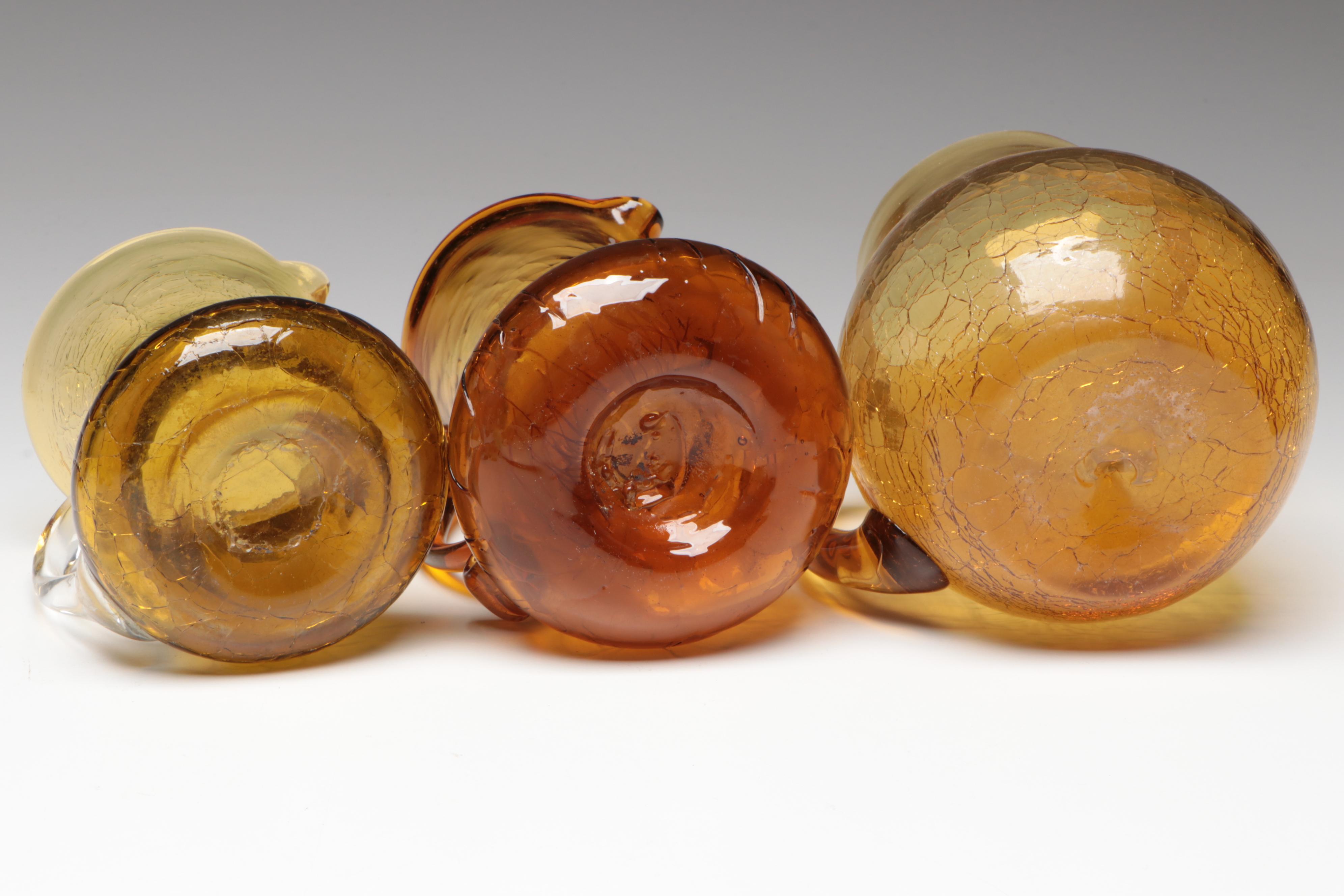 Small Hand Blown Amber and Green Crackle Glass Pitchers and Vases