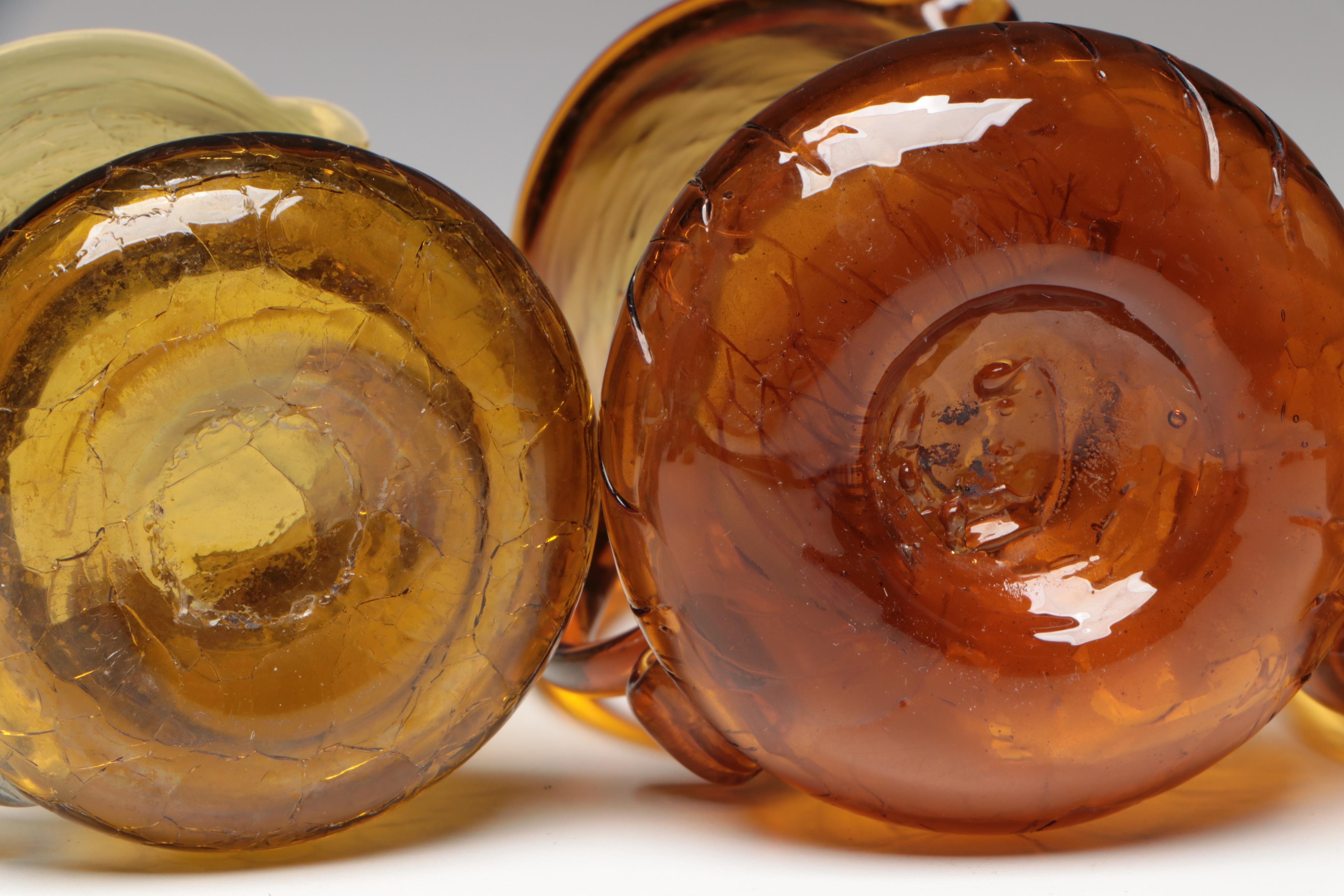Small Hand Blown Amber and Green Crackle Glass Pitchers and Vases