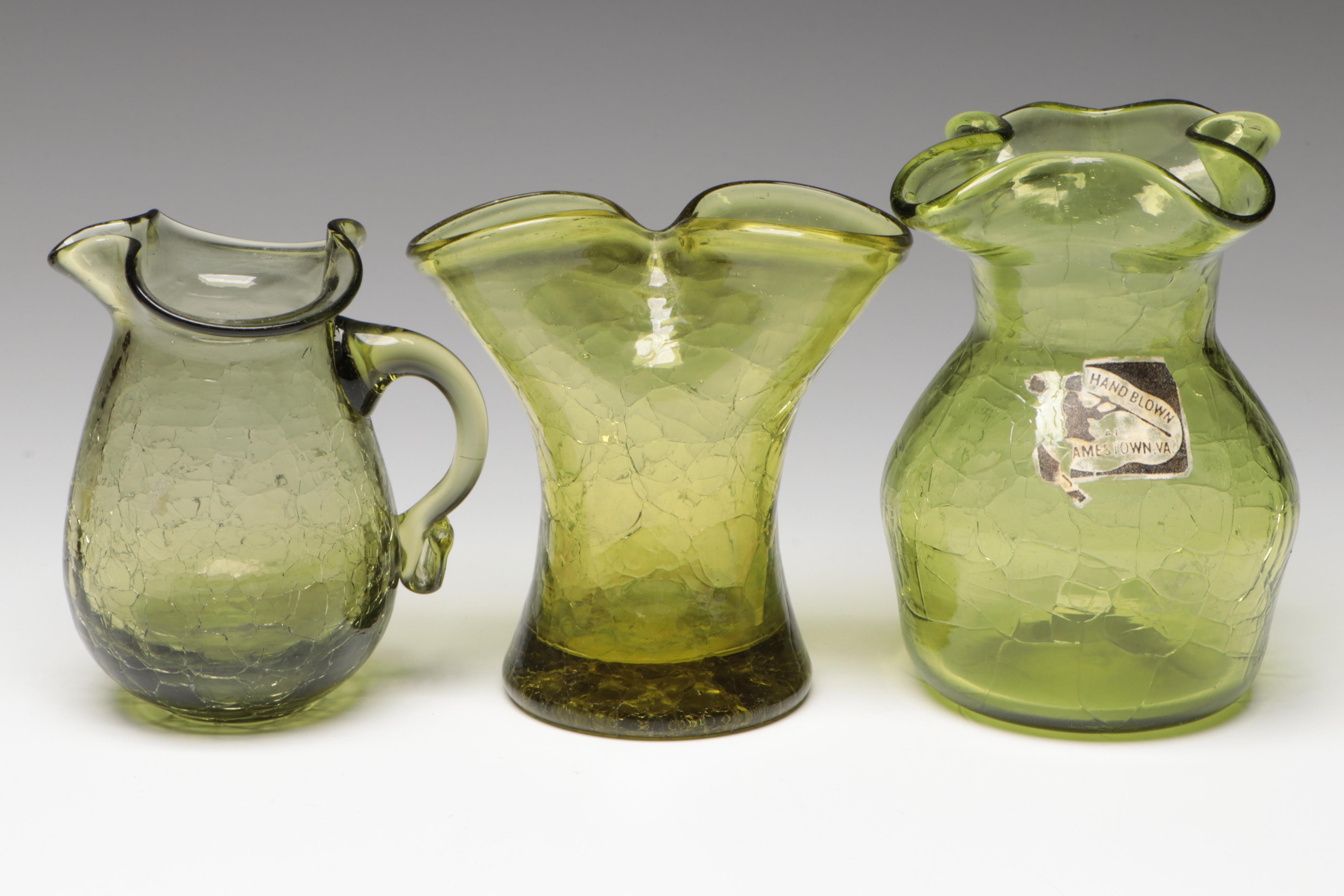 Small Hand Blown Amber and Green Crackle Glass Pitchers and Vases
