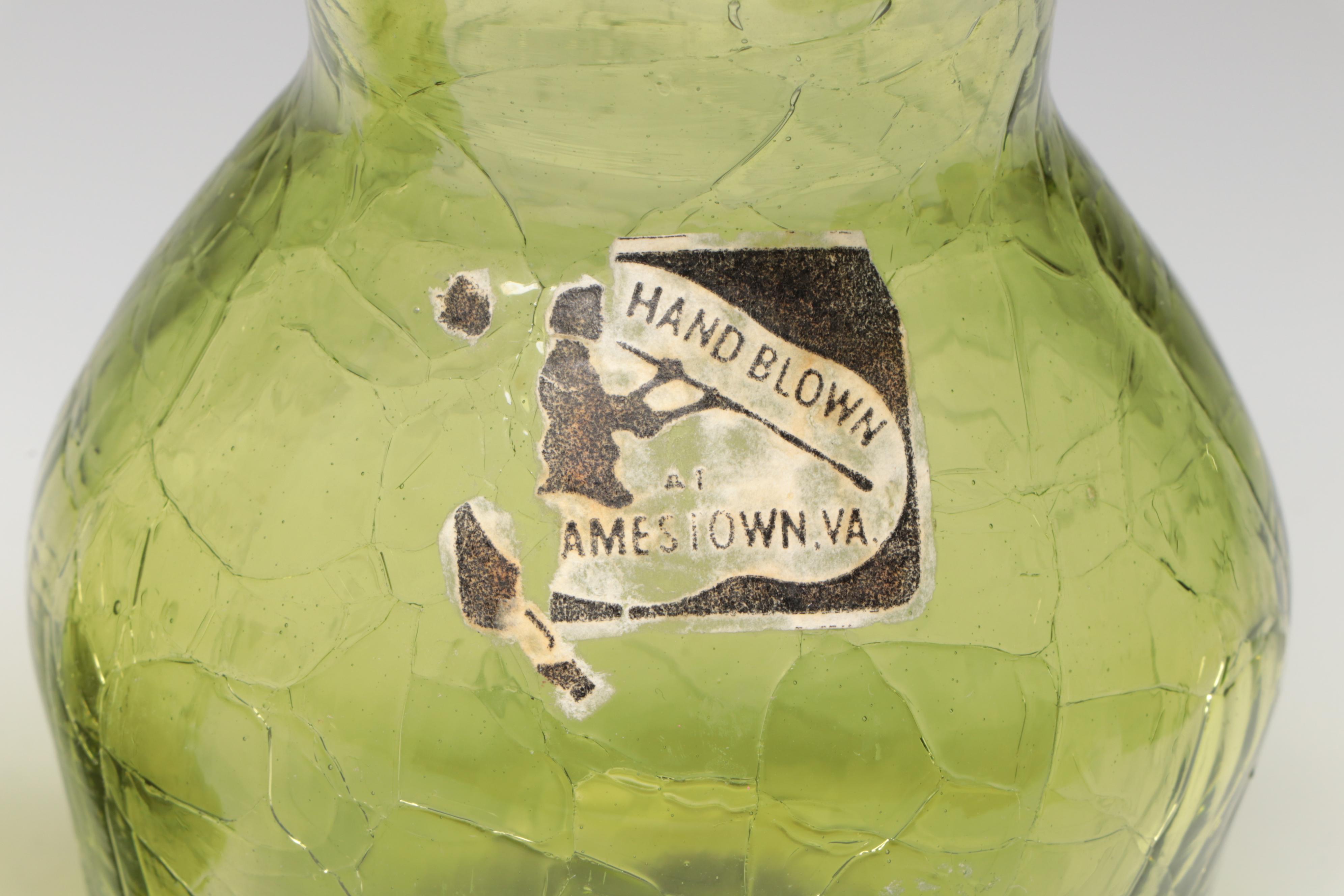 Small Hand Blown Amber and Green Crackle Glass Pitchers and Vases