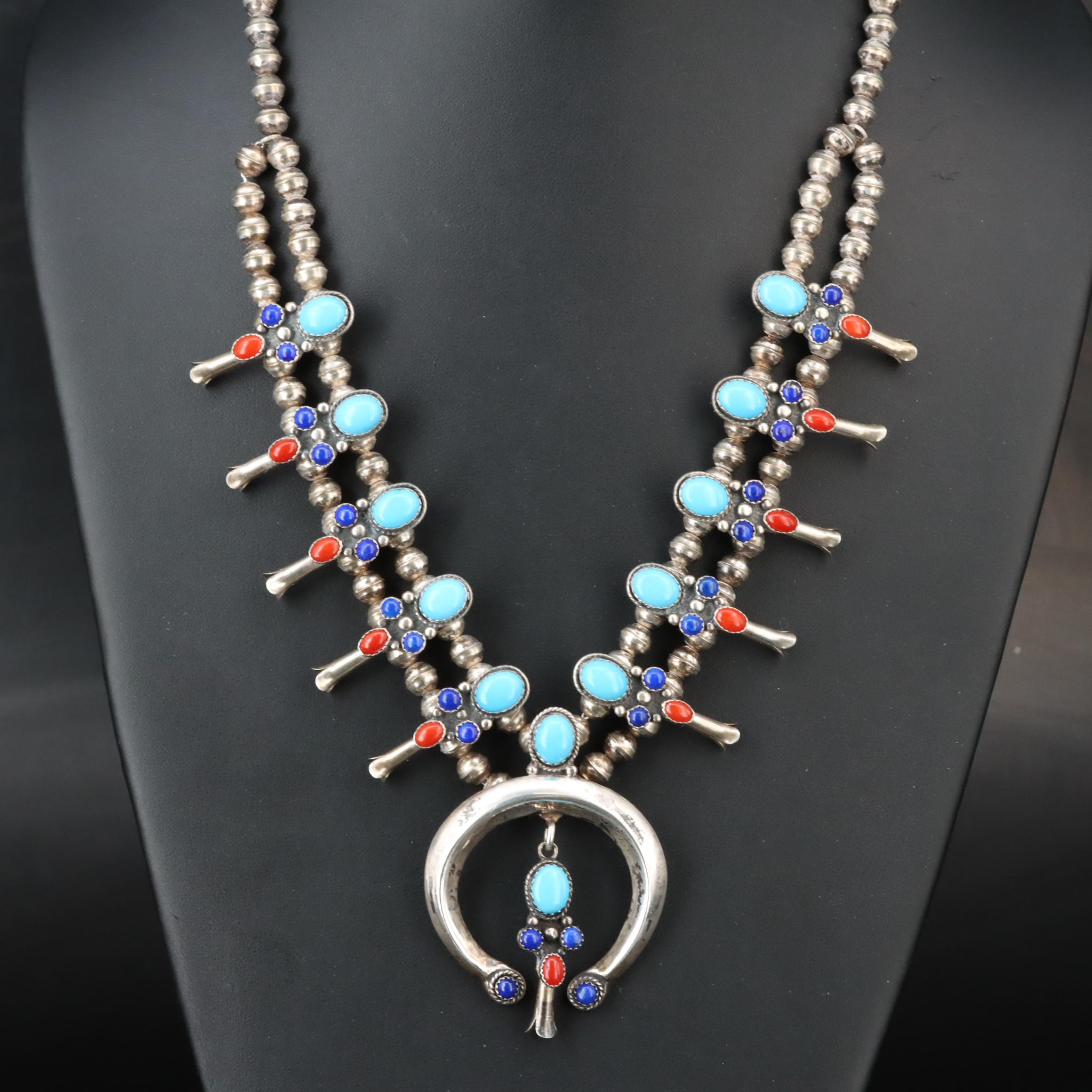 Sterling Turquoise, Lapis Lazuli and Coral Squash Blossom Necklace