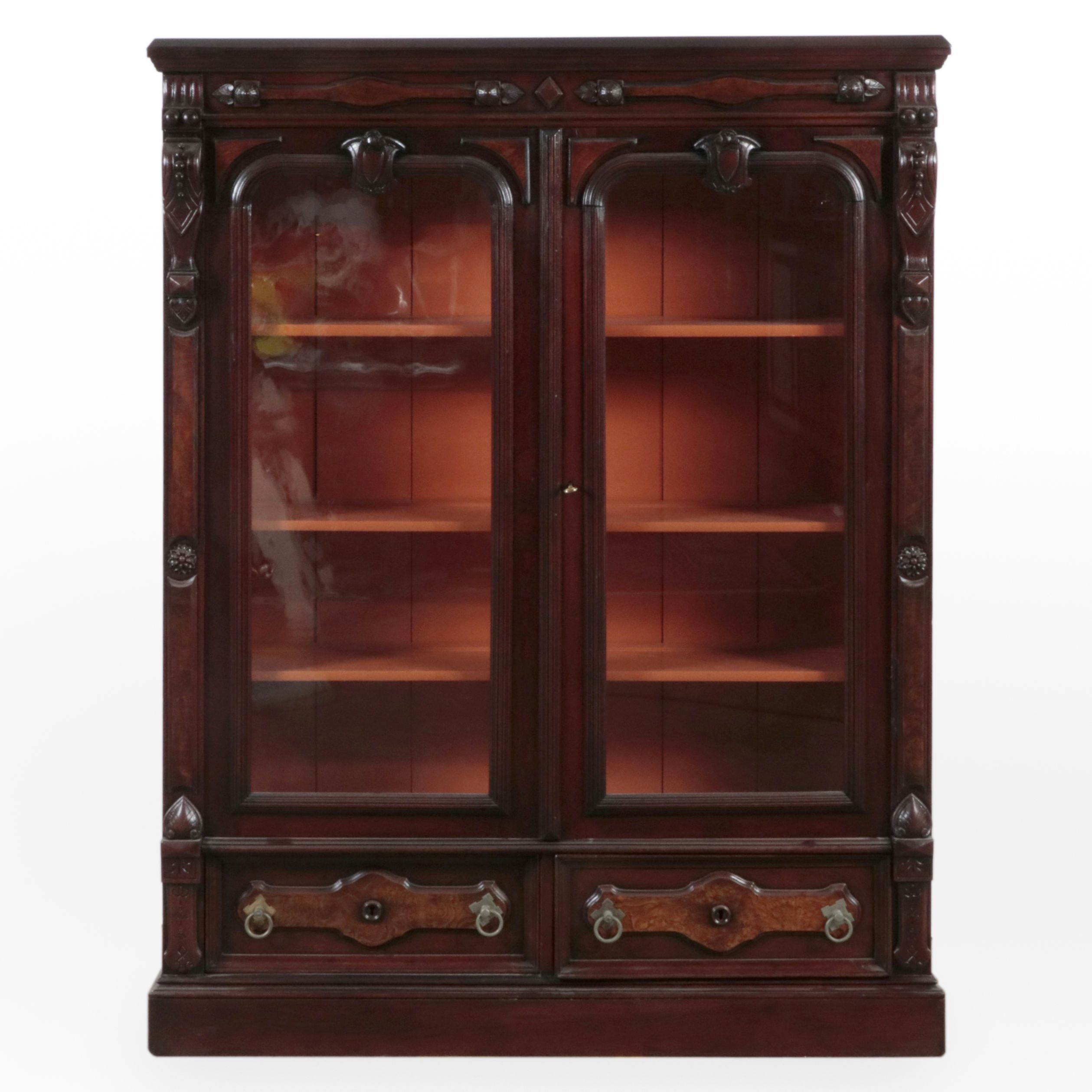 English Burl Wood and Mahogany Aesthetic Movement Cabinet Bookcase