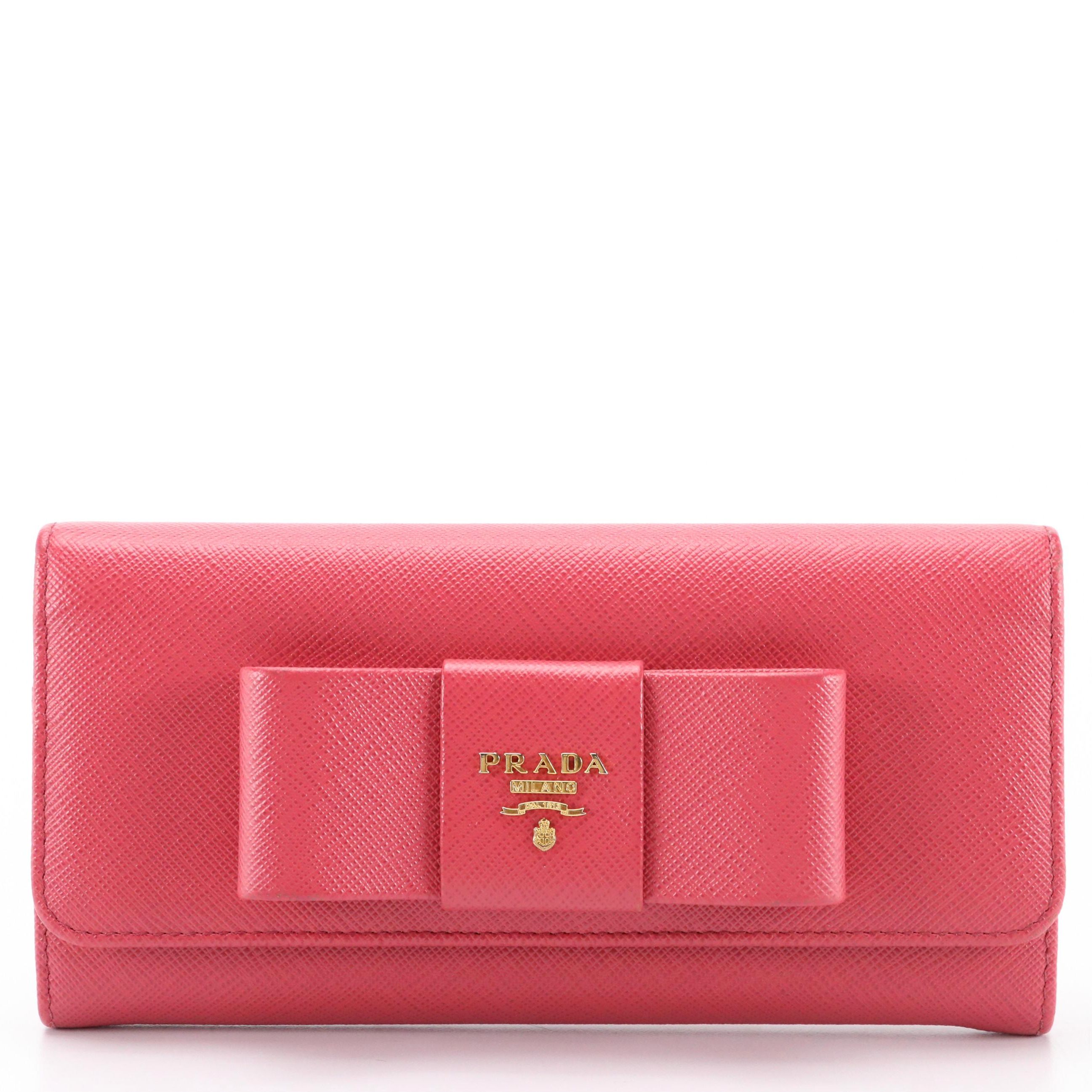 Prada Continental Bow Wallet in Pink Saffiano Leather With Box