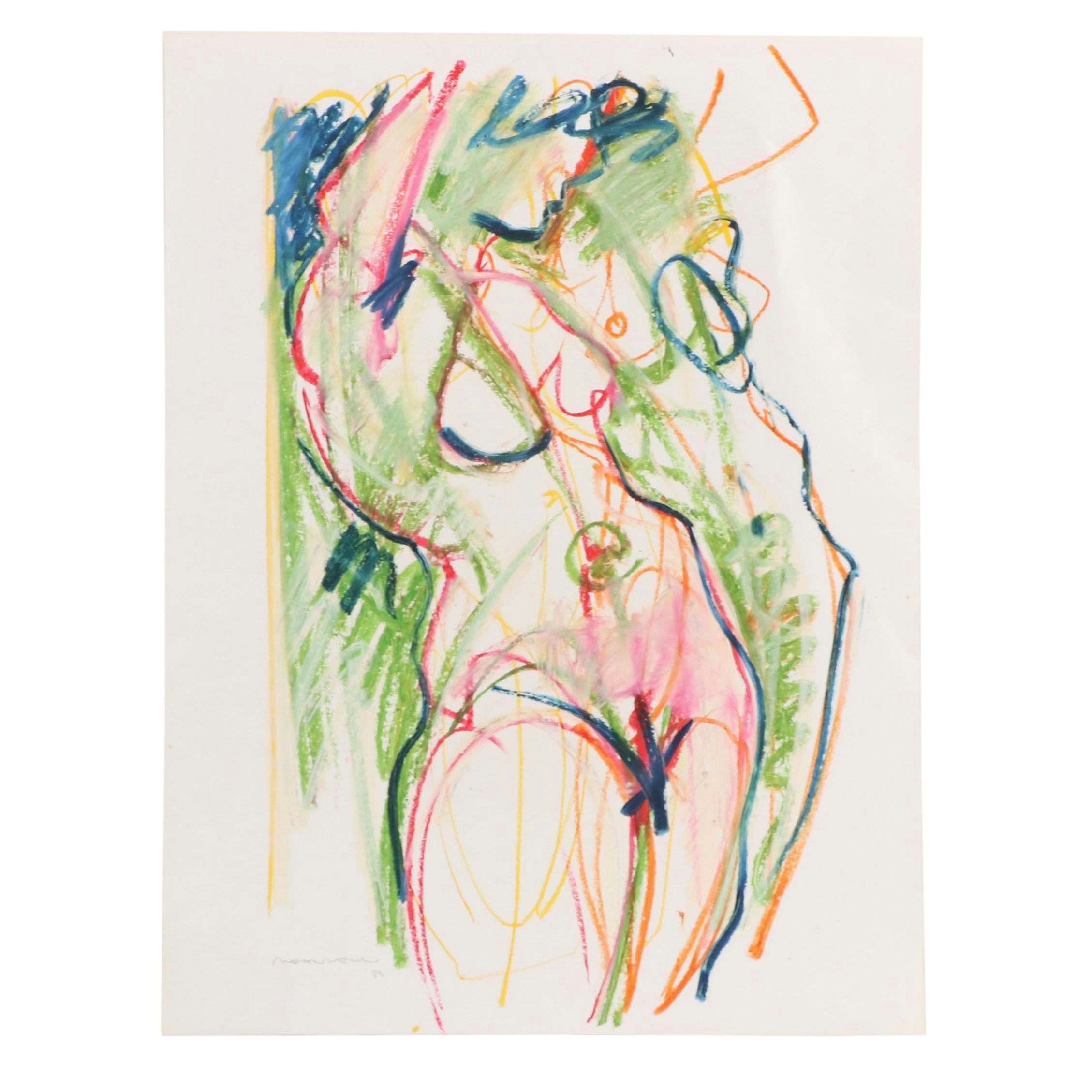 Jack Meanwell Modern Figural Oil Pastel Drawing, 1980