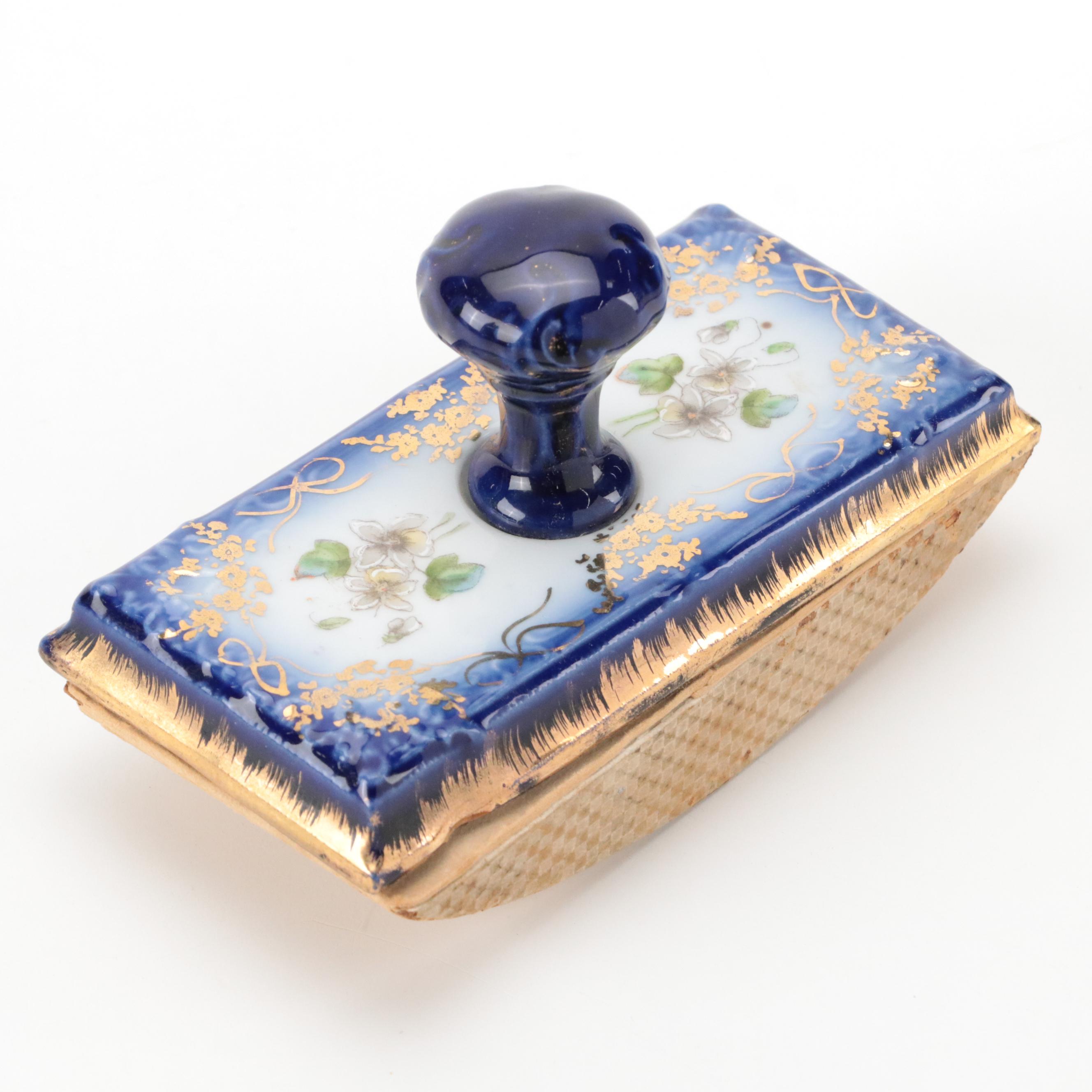 Hand-Painted Floral Motif Ceramic Ink Blotter