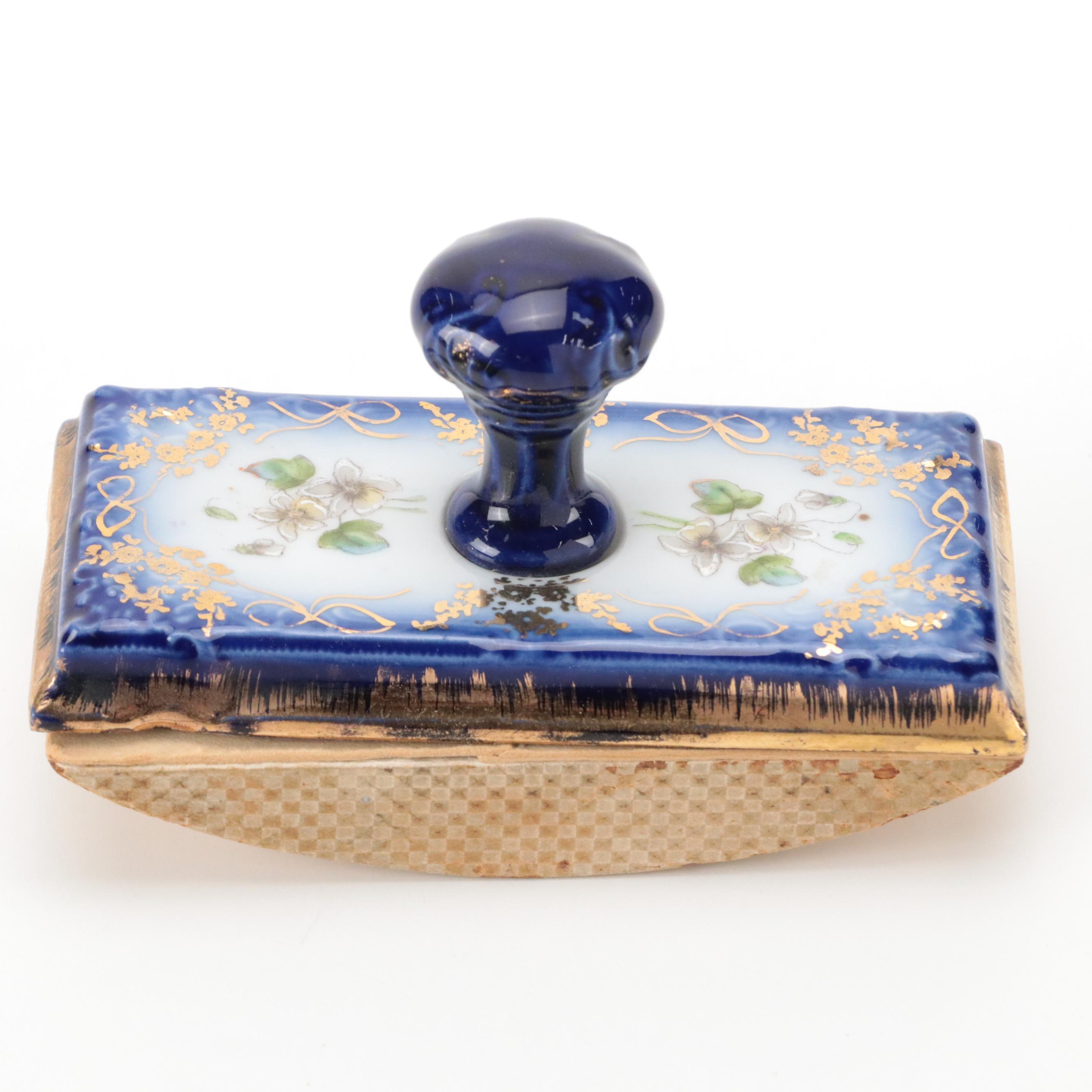 Hand-Painted Floral Motif Ceramic Ink Blotter