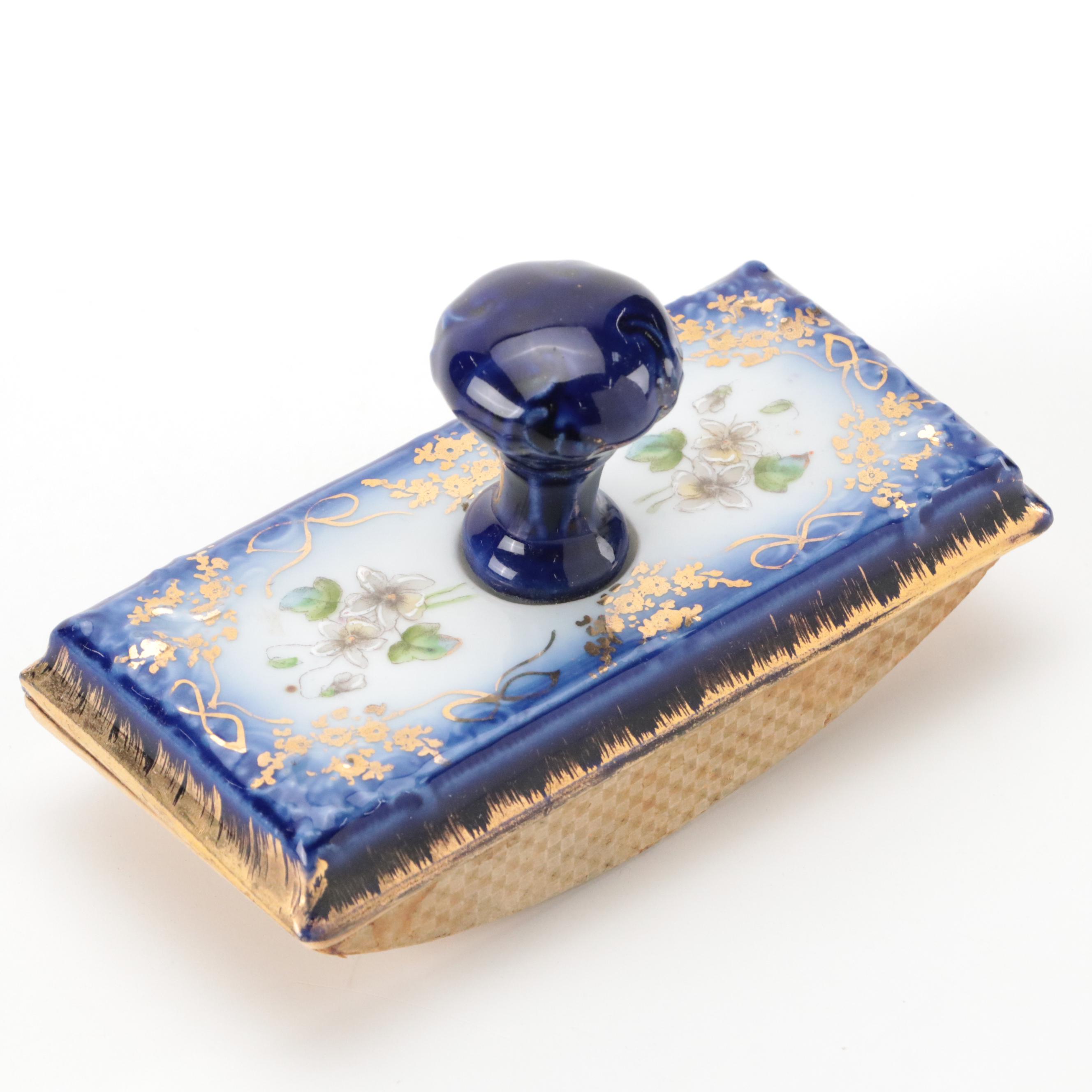 Hand-Painted Floral Motif Ceramic Ink Blotter