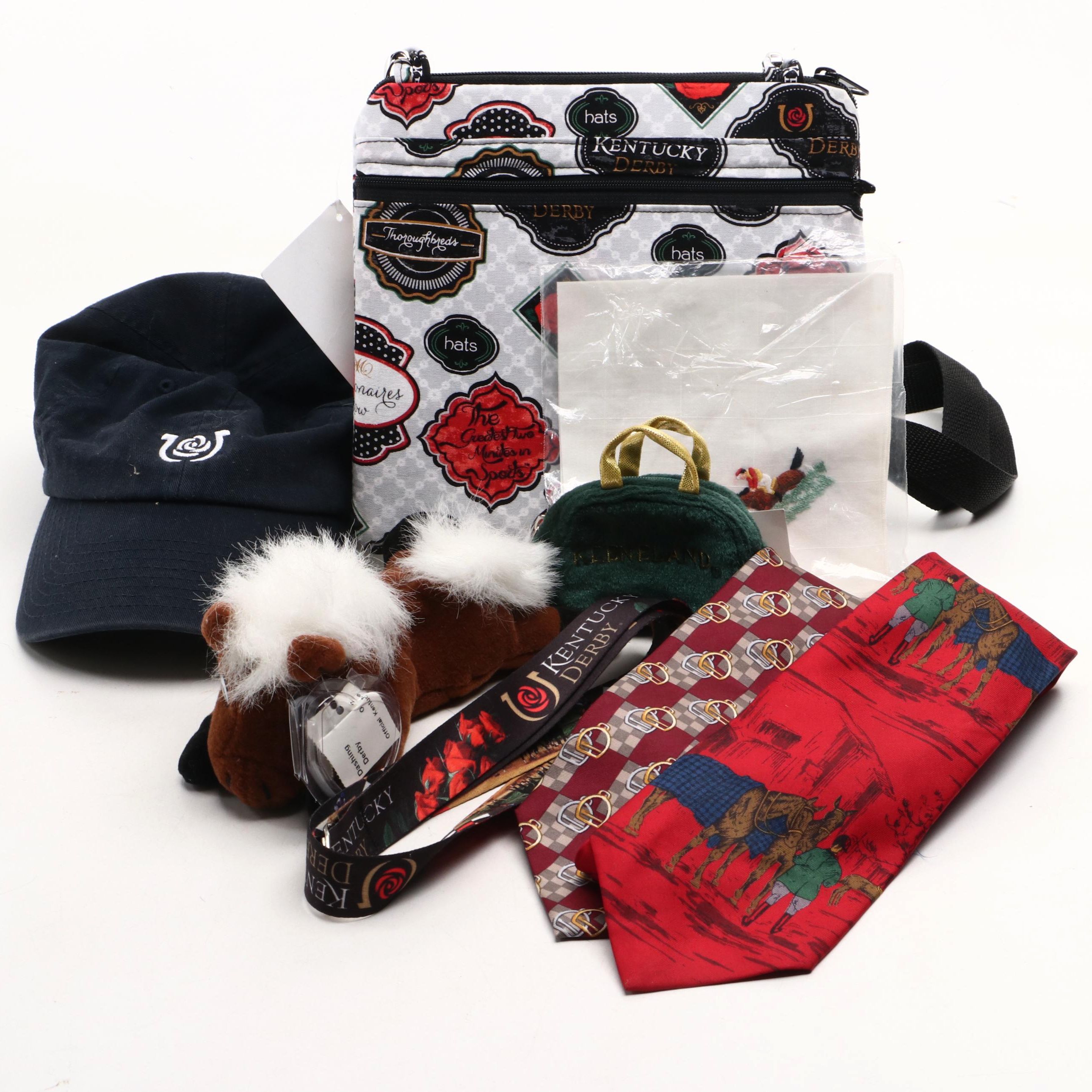Kentucky Derby Ball Cap and Crossbody Bag with Neckties, Stuffed Animal, & More