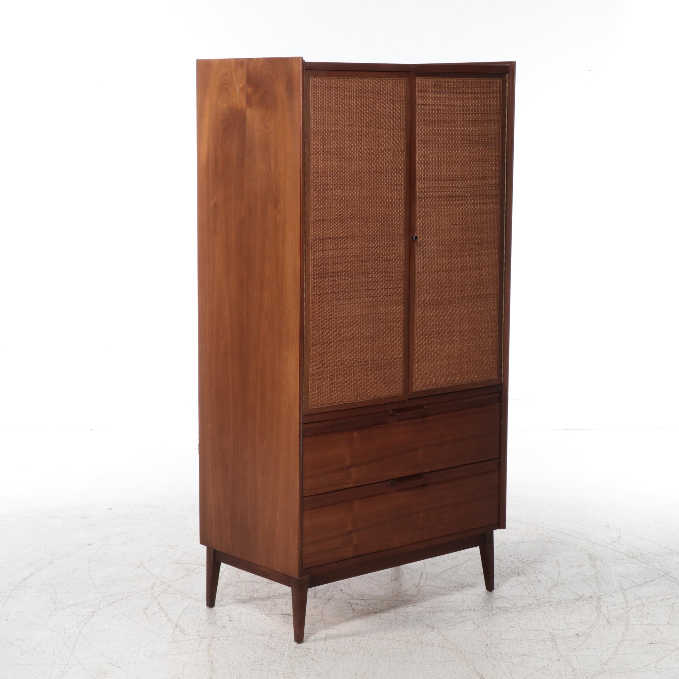 American of Martinsville Mid Century Modern Caned Door and Walnut Armoire, 1970s