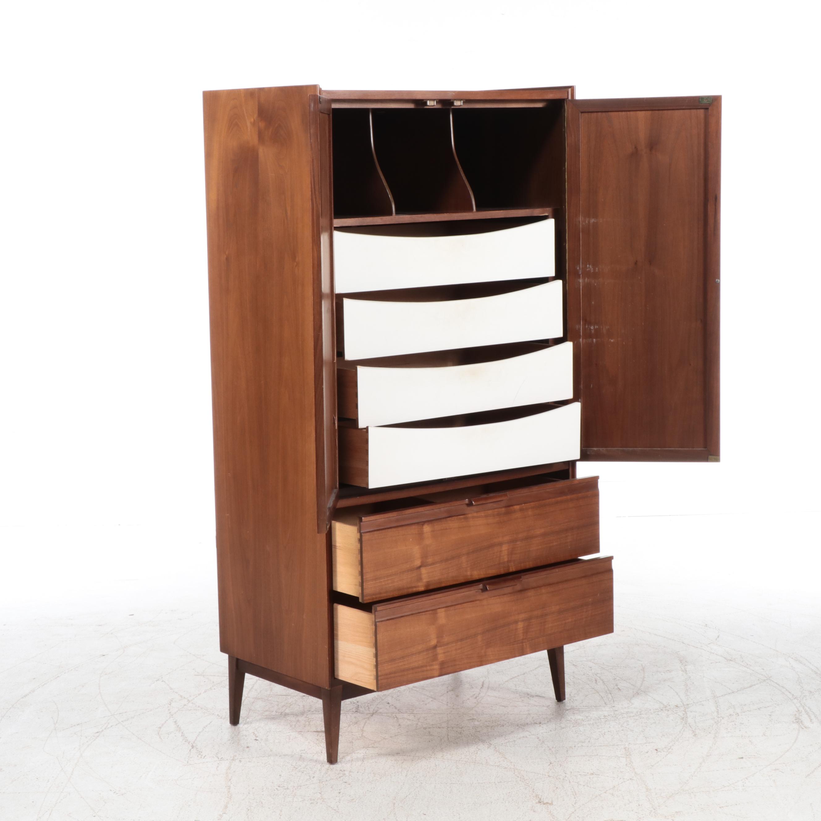 American of Martinsville Mid Century Modern Caned Door and Walnut Armoire, 1970s