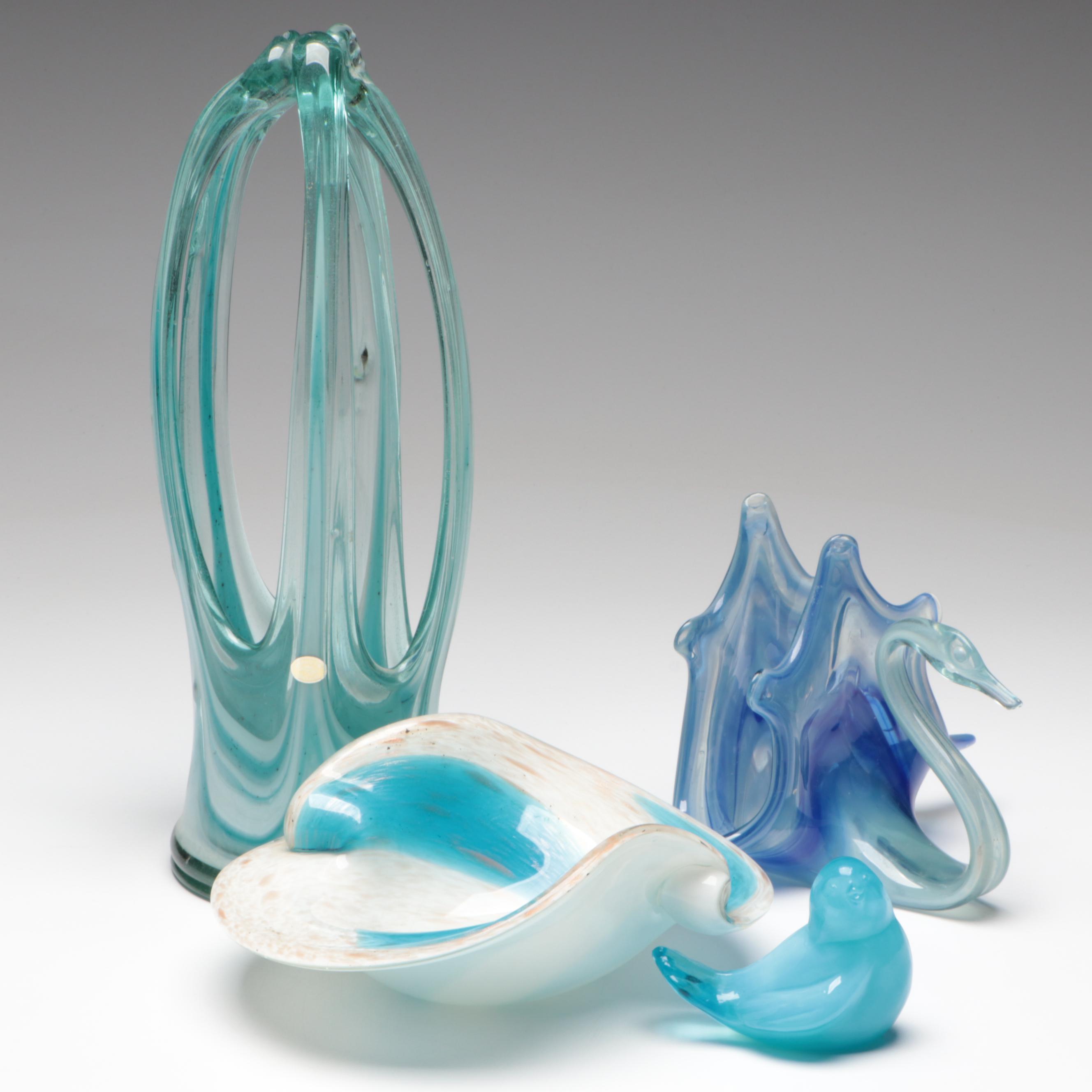Art Glass Swirl Pattern Sculptural Forms, Natural Form Bowl, and Bird Figurine