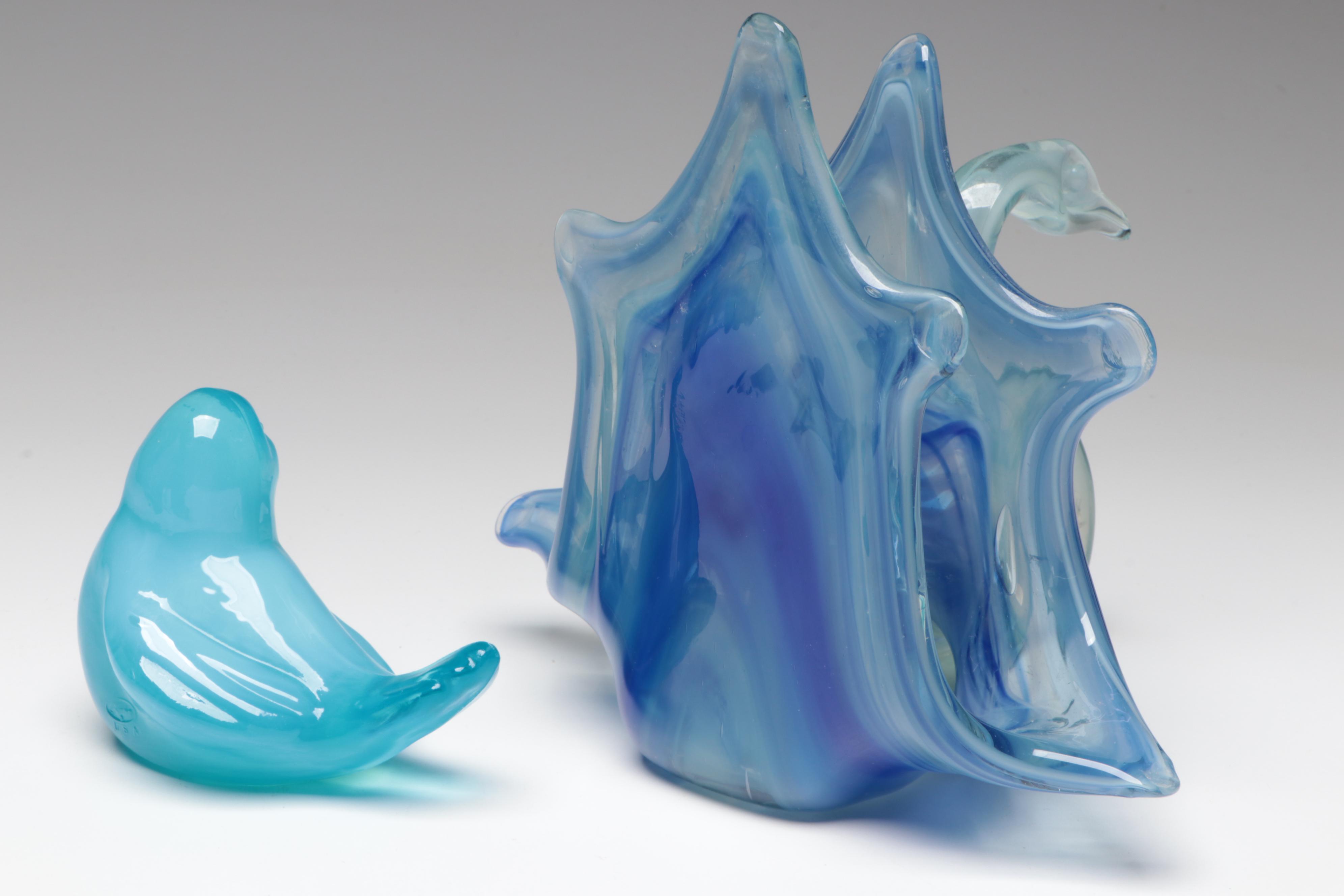 Art Glass Swirl Pattern Sculptural Forms, Natural Form Bowl, and Bird Figurine