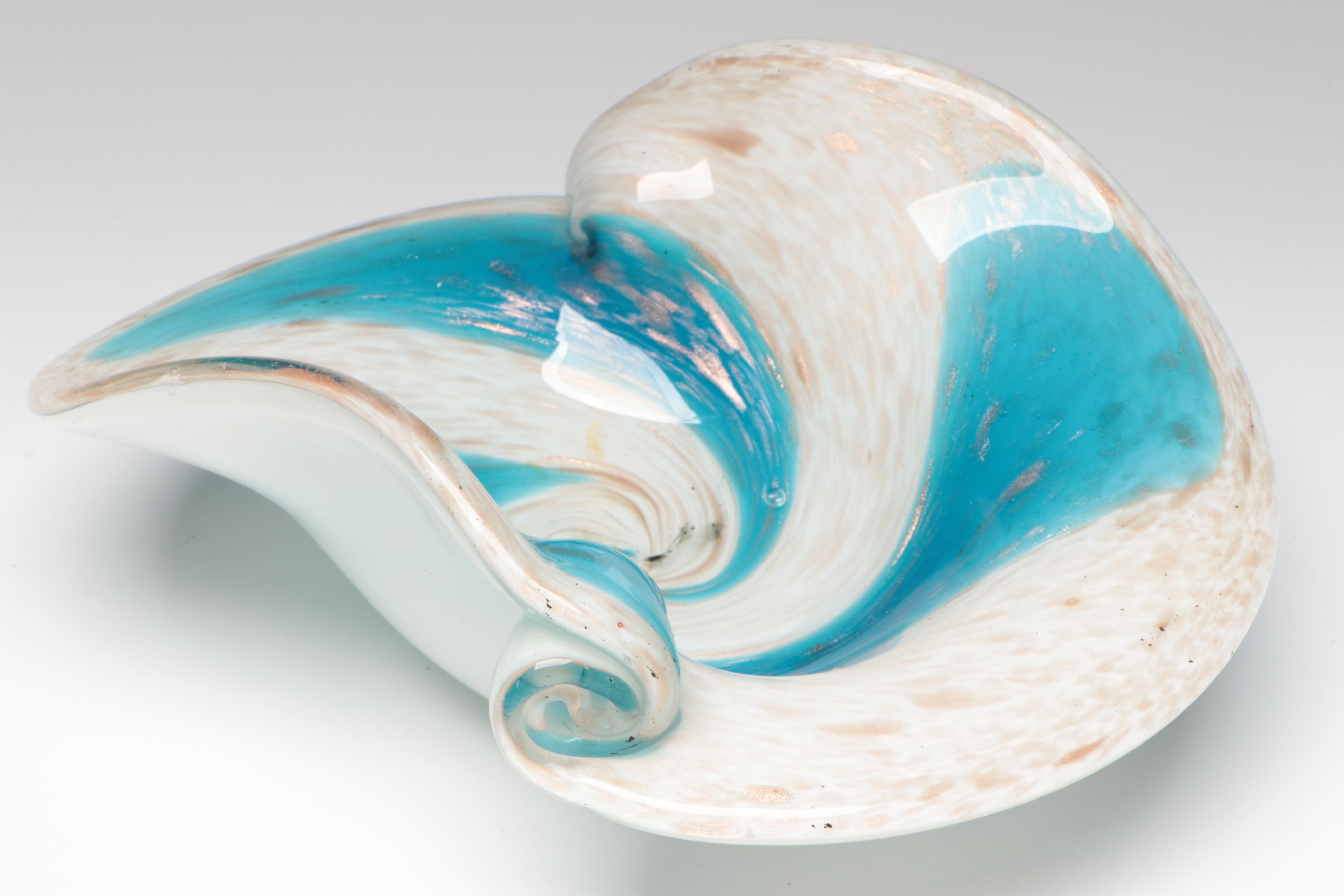 Art Glass Swirl Pattern Sculptural Forms, Natural Form Bowl, and Bird Figurine