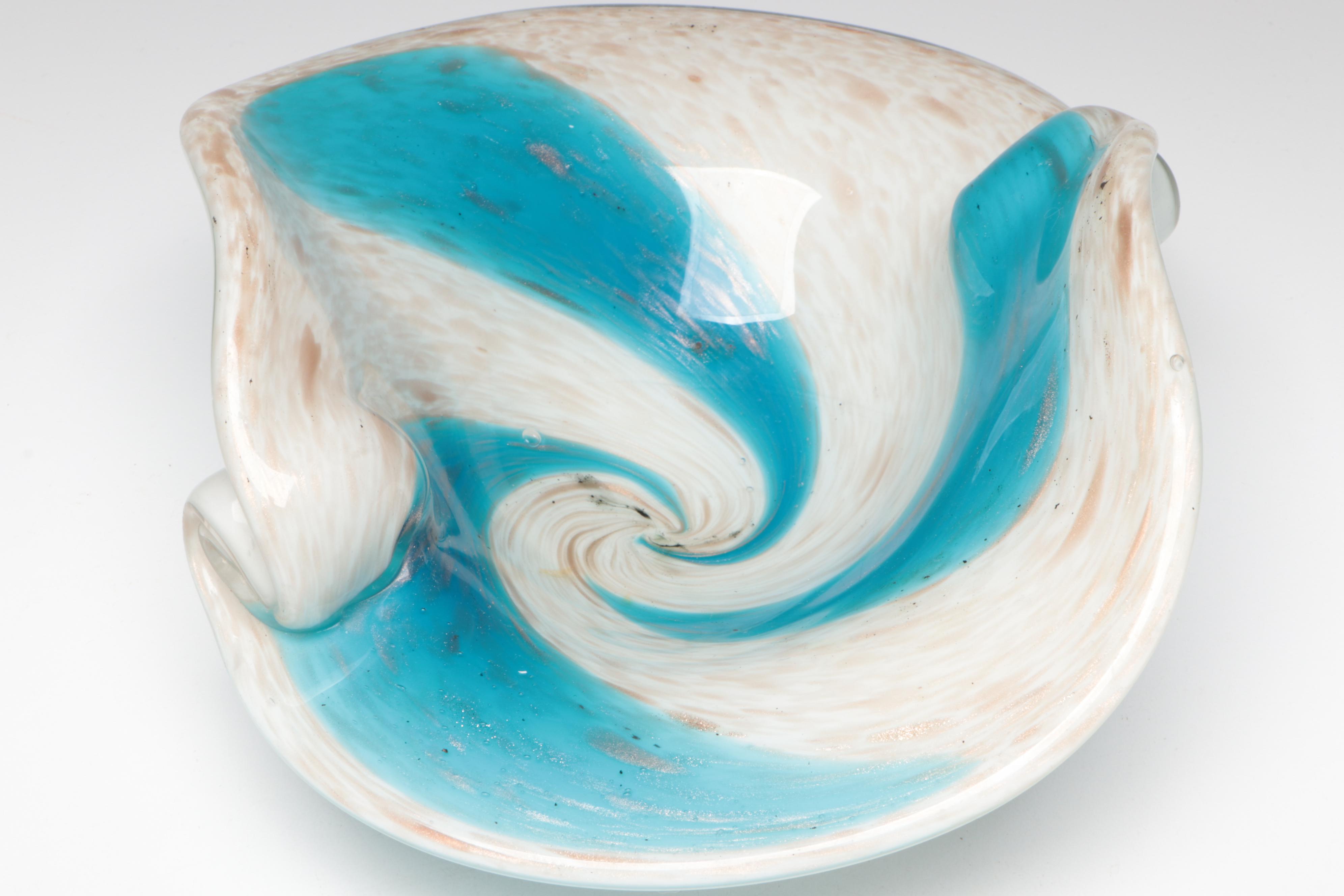 Art Glass Swirl Pattern Sculptural Forms, Natural Form Bowl, and Bird Figurine