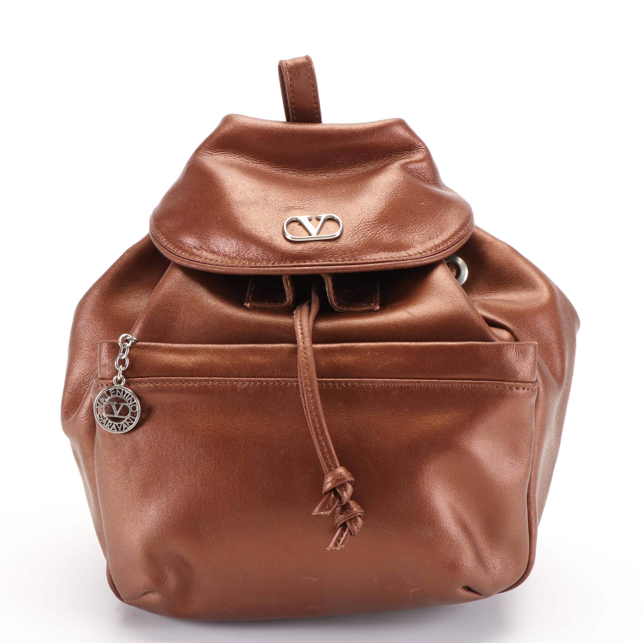 Valentino Garavani Brown Leather Drawstring Backpack