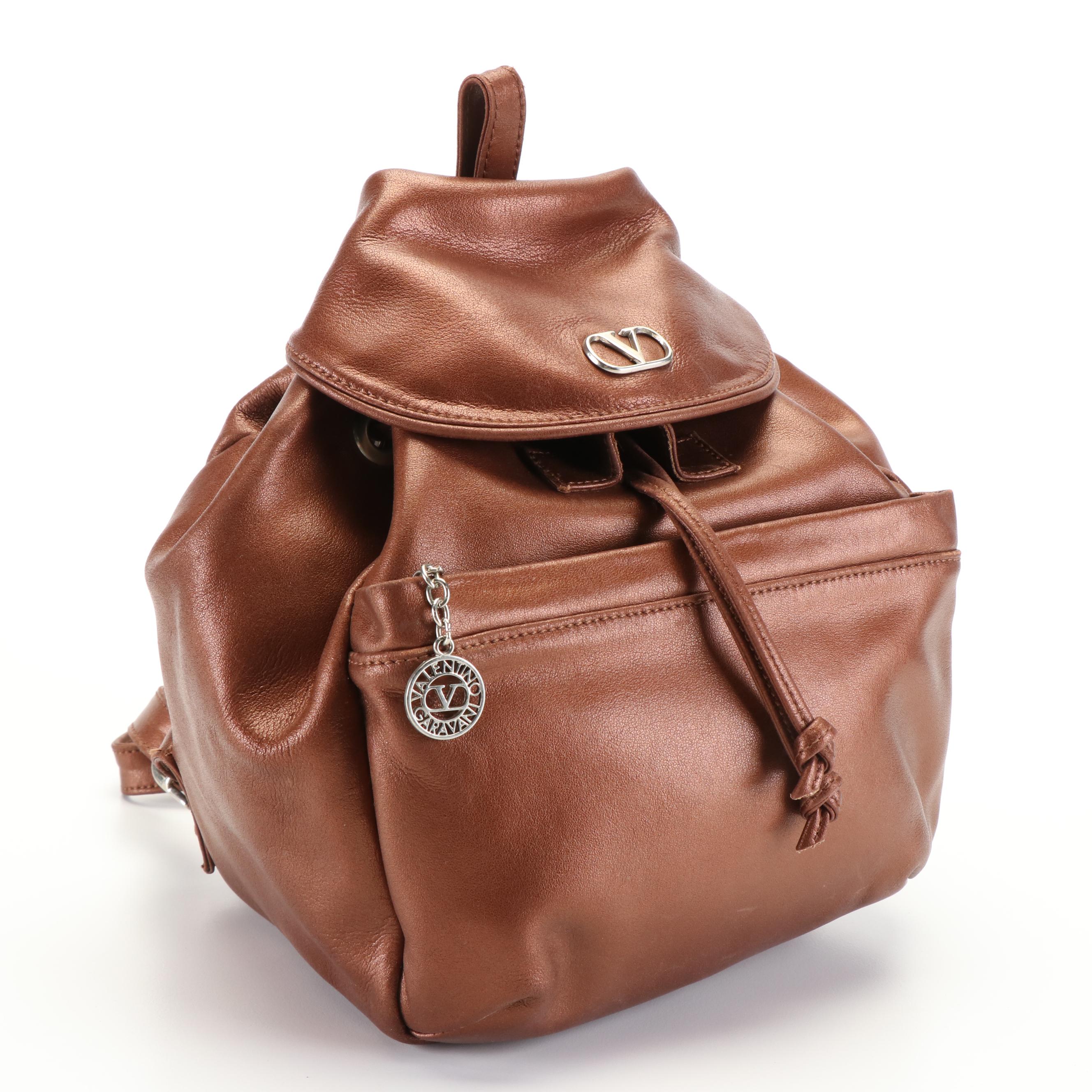 Valentino Garavani Brown Leather Drawstring Backpack