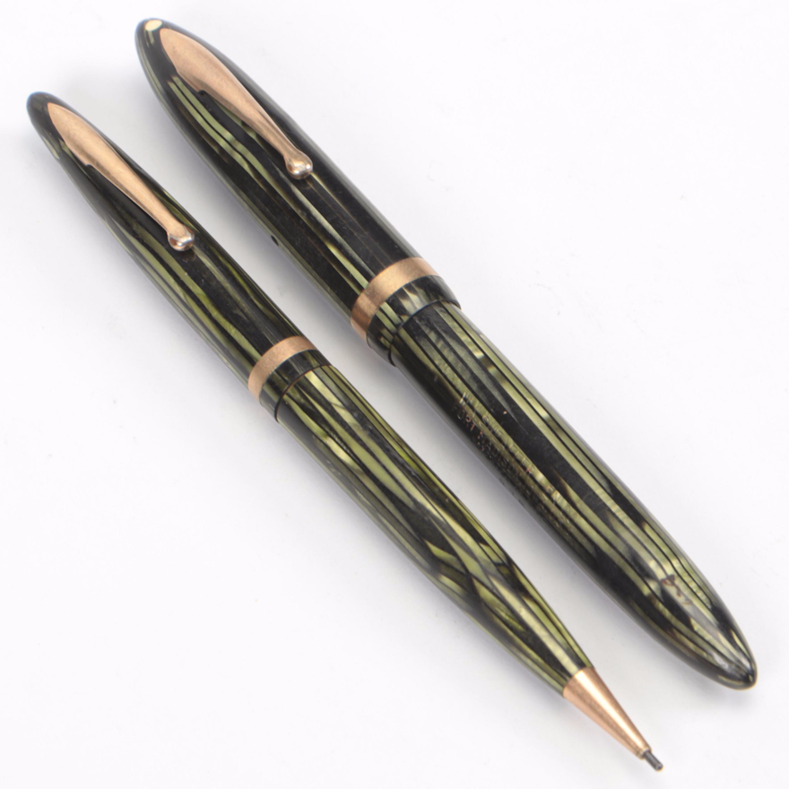 Sheaffer 500 Vigilant Green Pearl Stripe Gold-Filled Trim Pencil and Pen Set