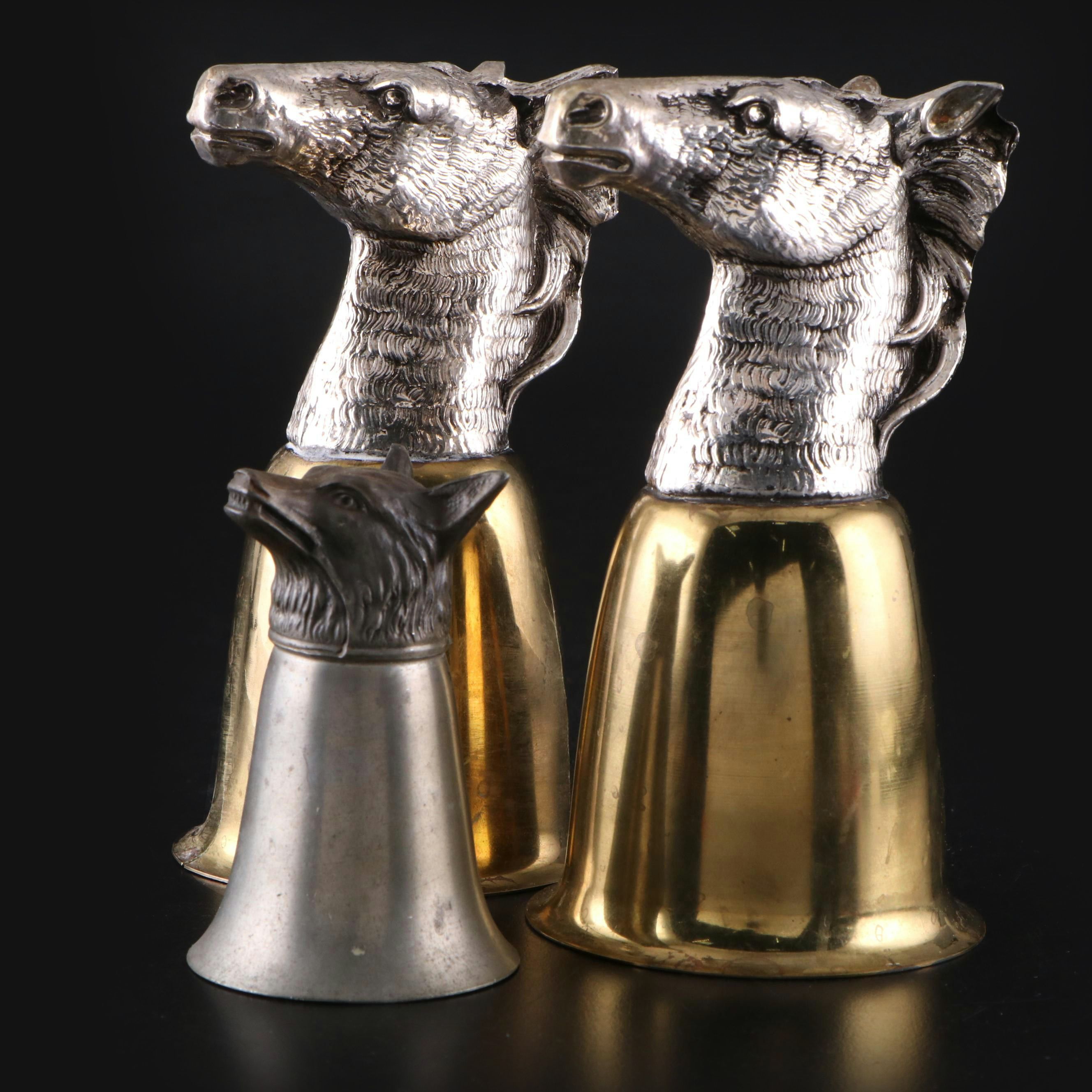 Pewter Fox Head and Mixed Metal Horse Head Stirrup Cups