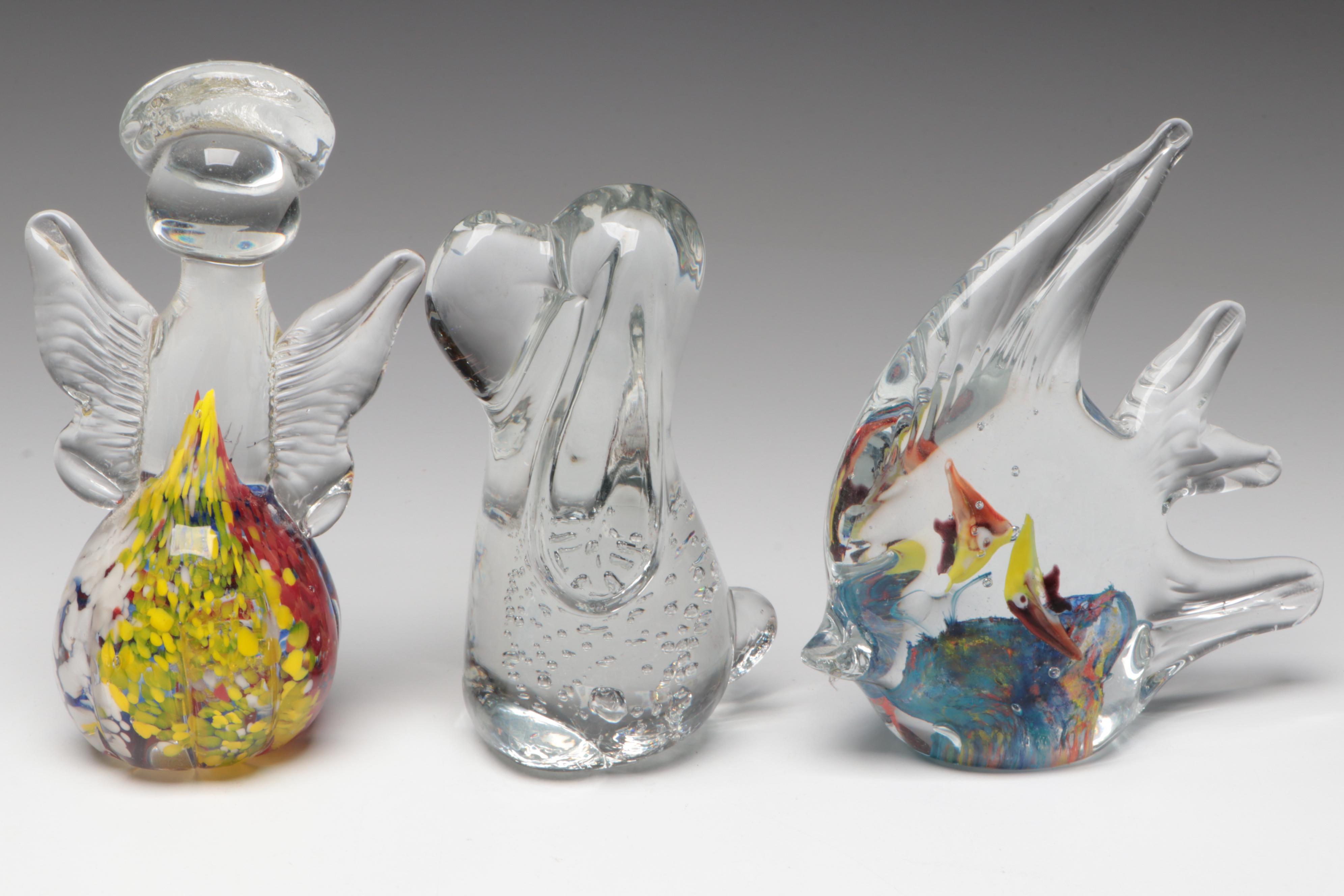 Blown Glass Angel Paperweight and More Glass Animal Paperweights