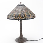 Tiffany Style Slag Glass and Pressed Metal Table Lamp, Late 20th C