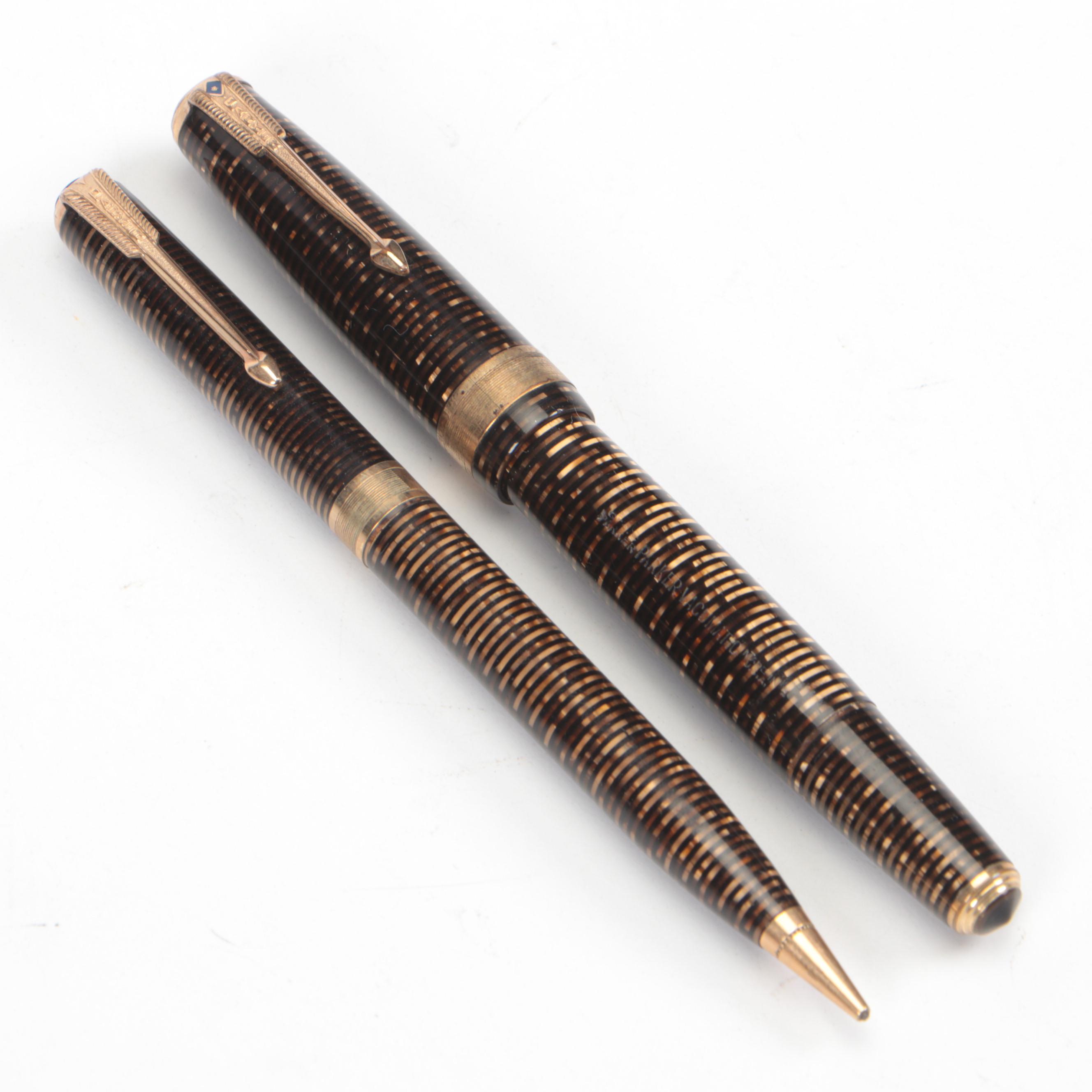 Parker Vacumatic Blue Diamond "Debutante Golden Pearl" Fountain Pen and Pencil
