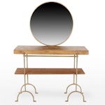 Contemporary Metal Frame Hall Table with Parquetry Top with Round Wall Mirror