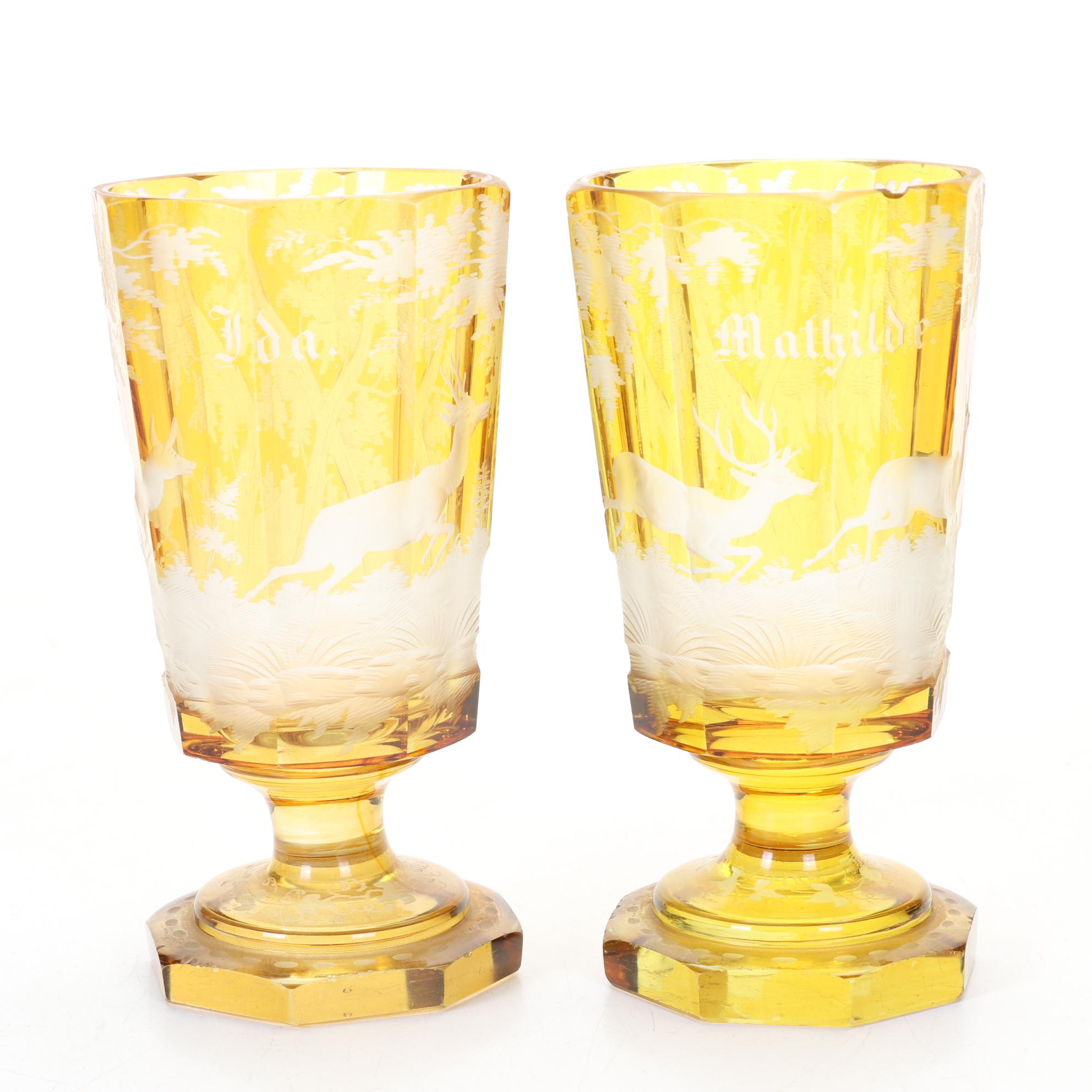 Antique European Amber Cut to Clear Stag Goblets Personalized For Owner
