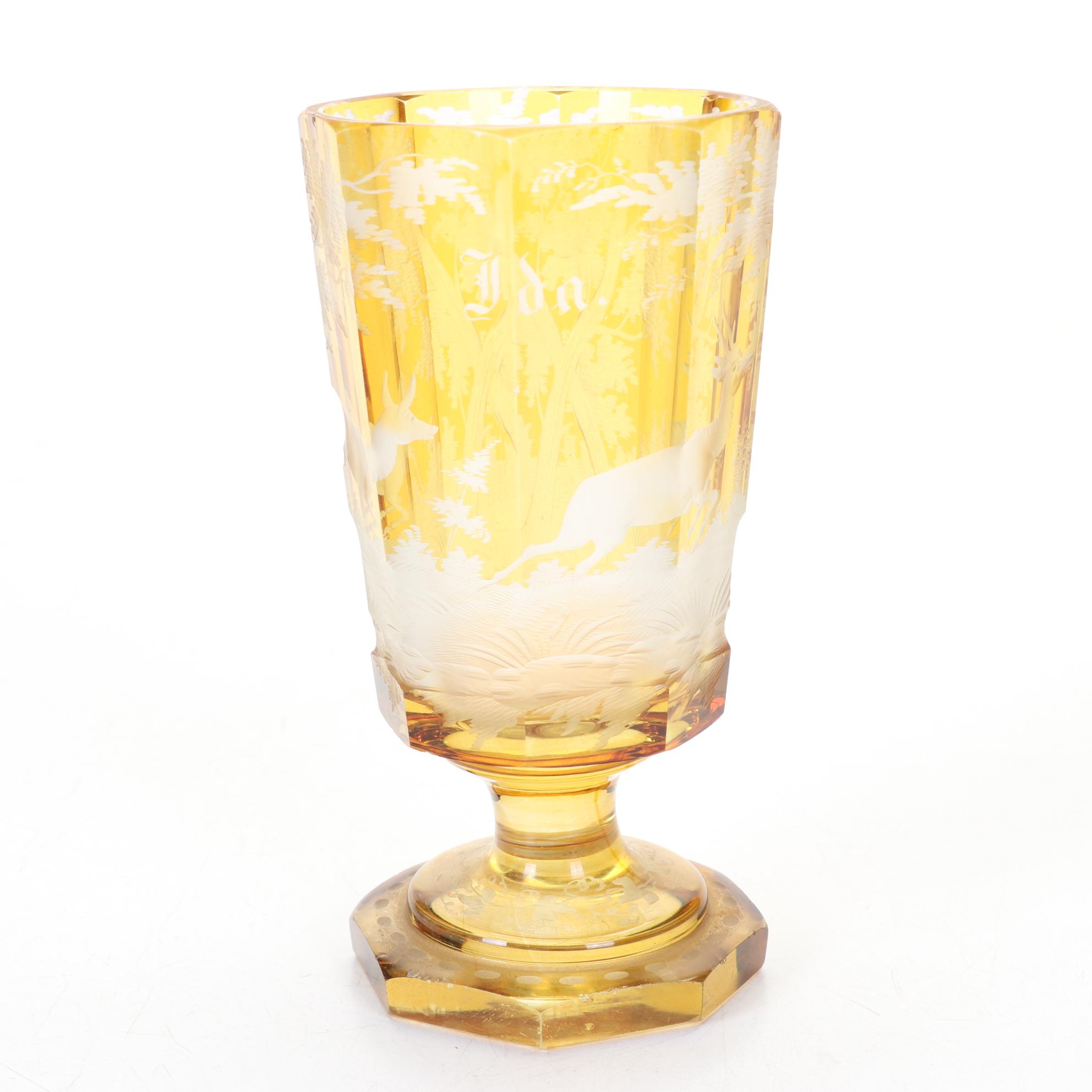 Antique European Amber Cut to Clear Stag Goblets Personalized For Owner