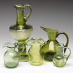 Blown Avocado Green Glass Crimped Vase and Pitchers