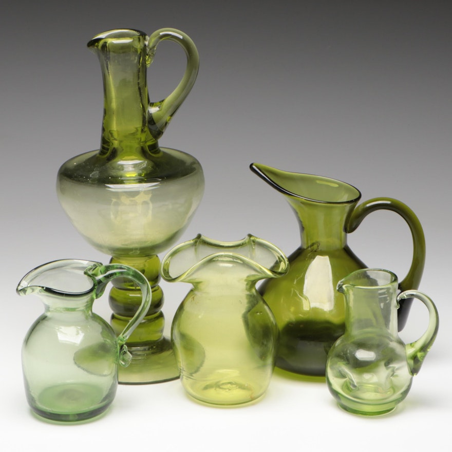 Blown Avocado Green Glass Crimped Vase and Pitchers
