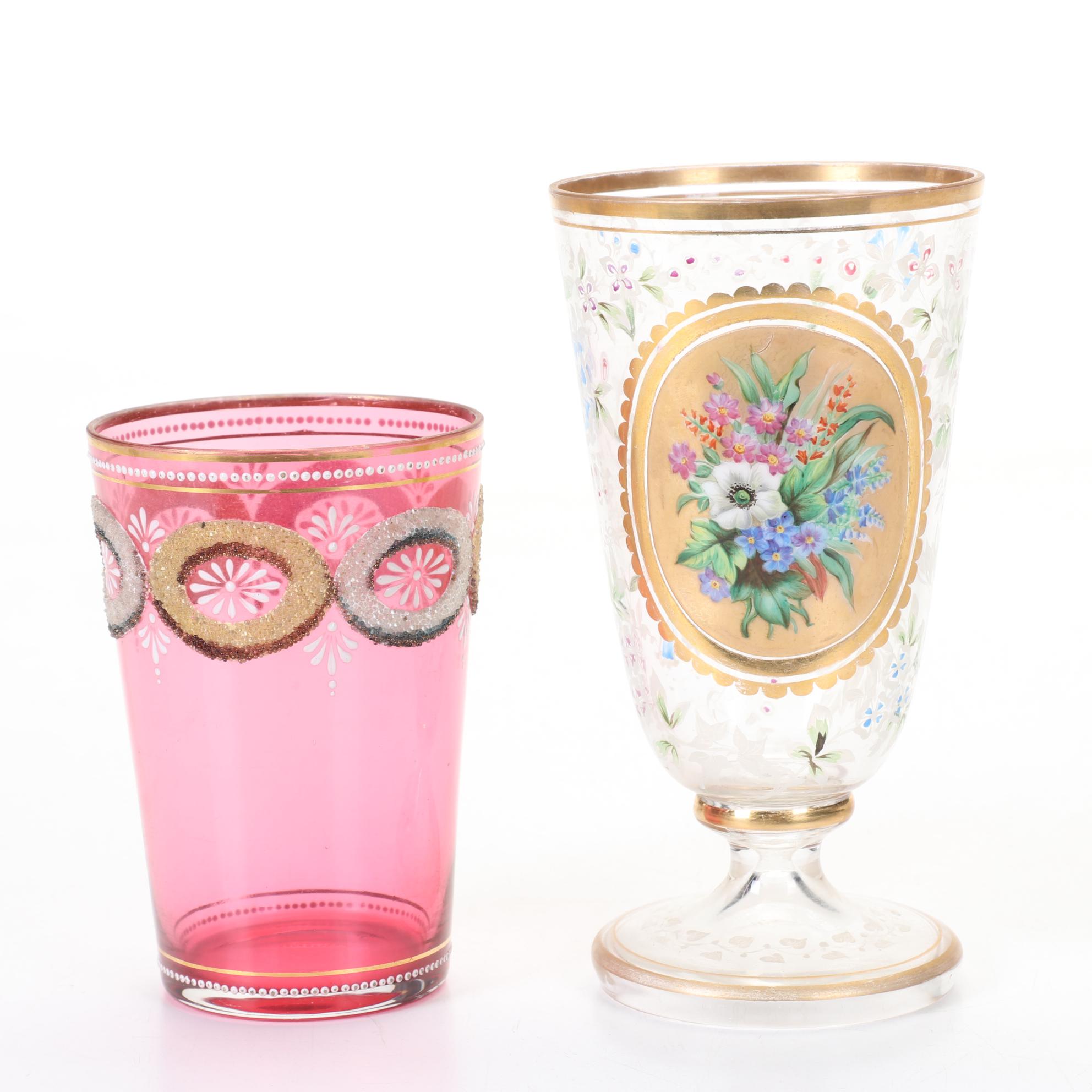 Victorian Hand Painted Glasses Featuring Textured and Relief Panels and Florals
