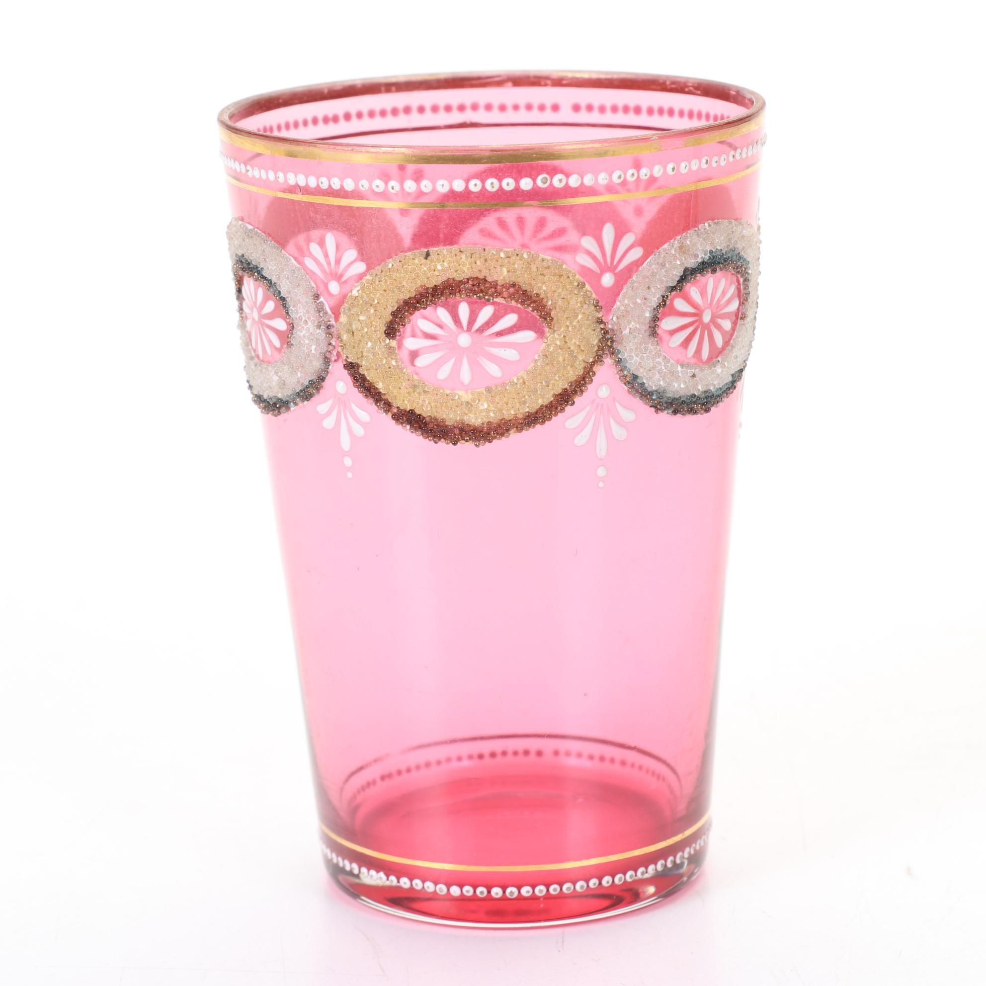 Victorian Hand Painted Glasses Featuring Textured and Relief Panels and Florals