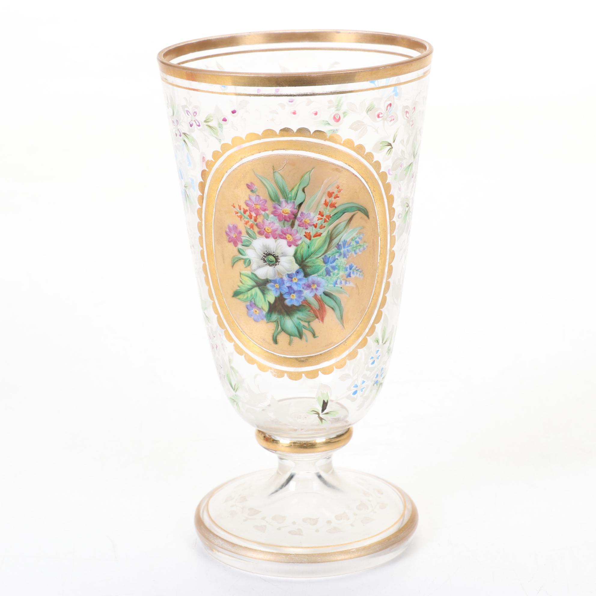 Victorian Hand Painted Glasses Featuring Textured and Relief Panels and Florals