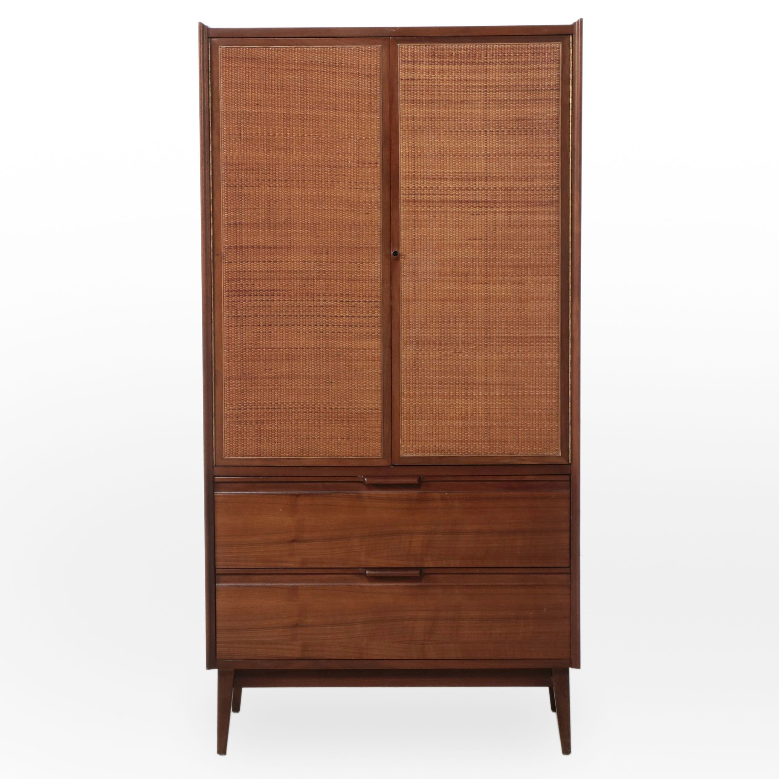 American of Martinsville Mid Century Modern Caned Door and Walnut Armoire, 1970s