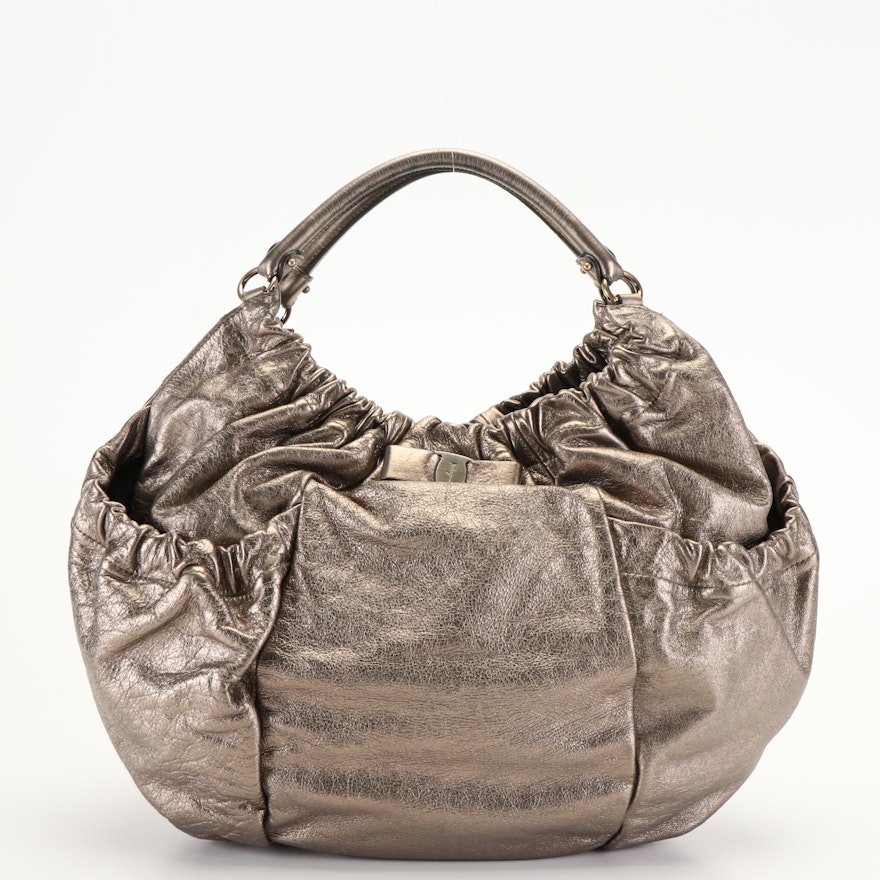 Salvatore Ferragamo Vara Bow Hobo Handbag in Bronze Metallic Leather