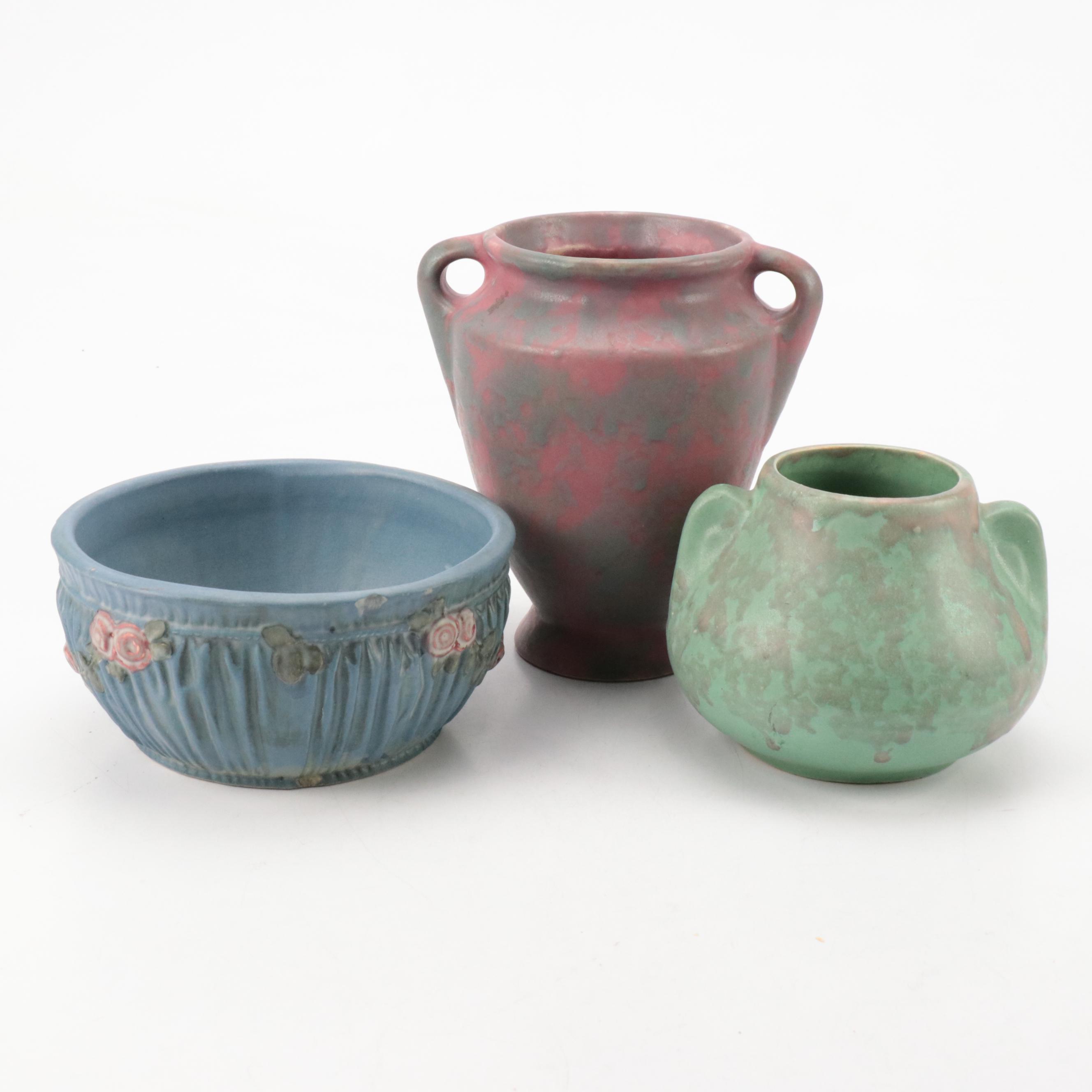 Burley Winter and Weller "Blue Drapery" Vases and Bowl, Early 20th Century