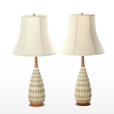 Pair of Quartite Creative Corp Mid Century Modern Teak and Plaster Table Lamps