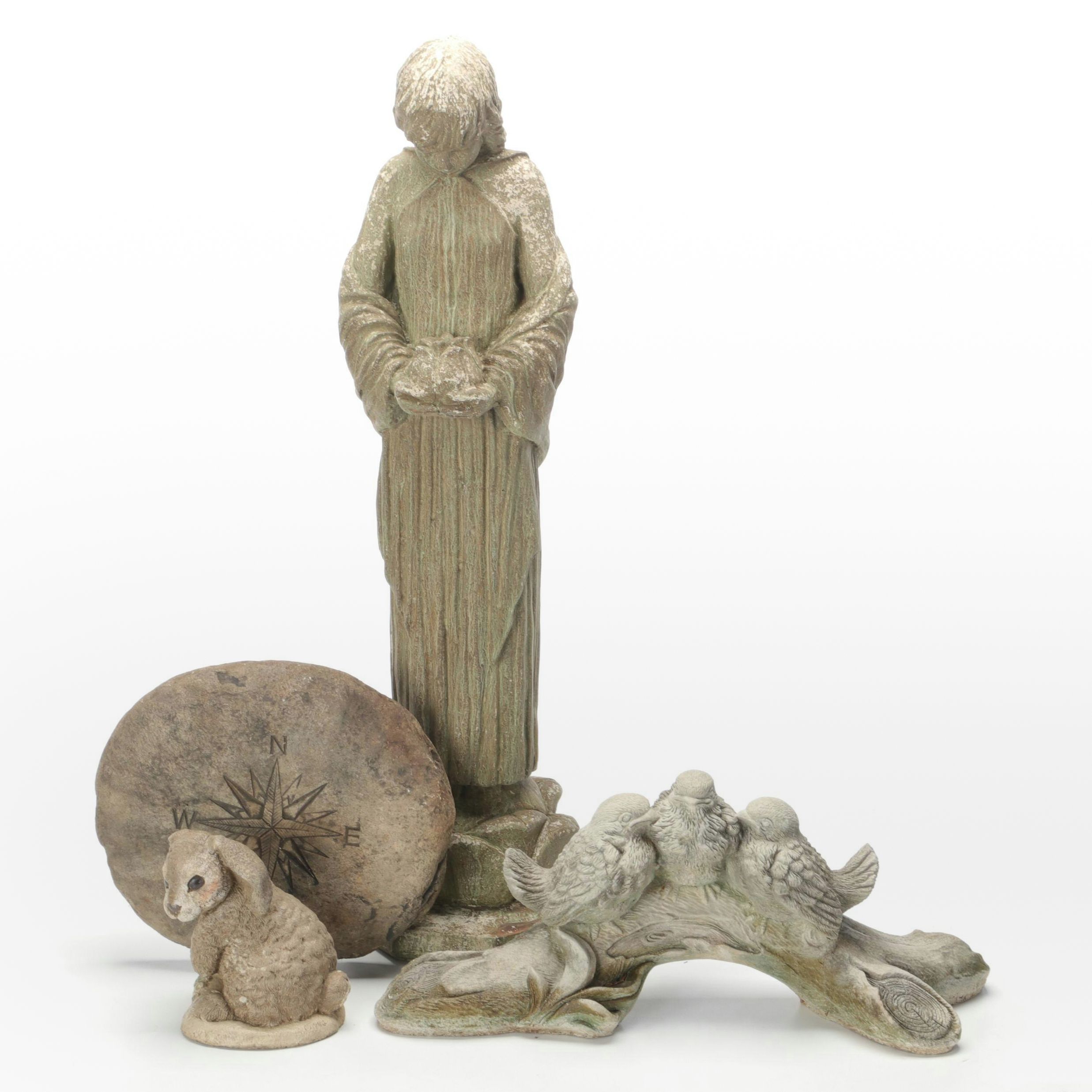 Cast Stone Wood Nymph, Rabbit, and Birds Garden Statues with Garden Stone
