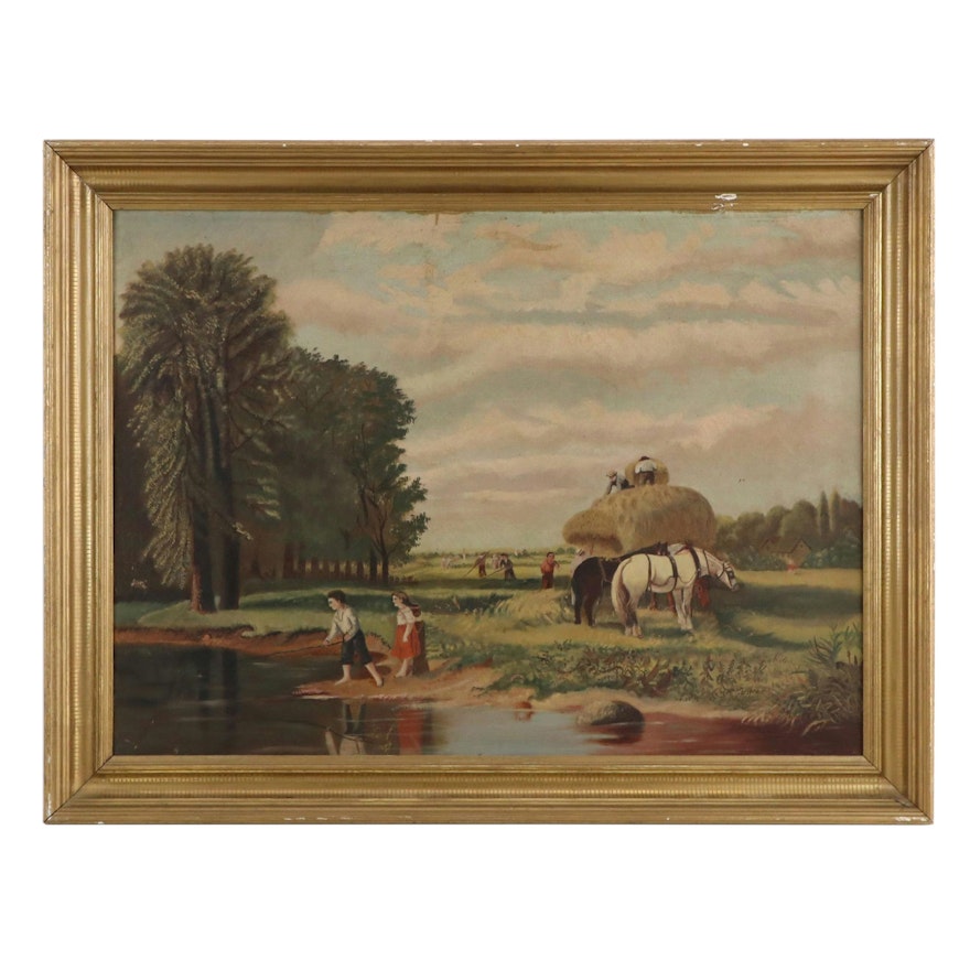 Naive School Country Landscape Oil Painting, Late 19th Century