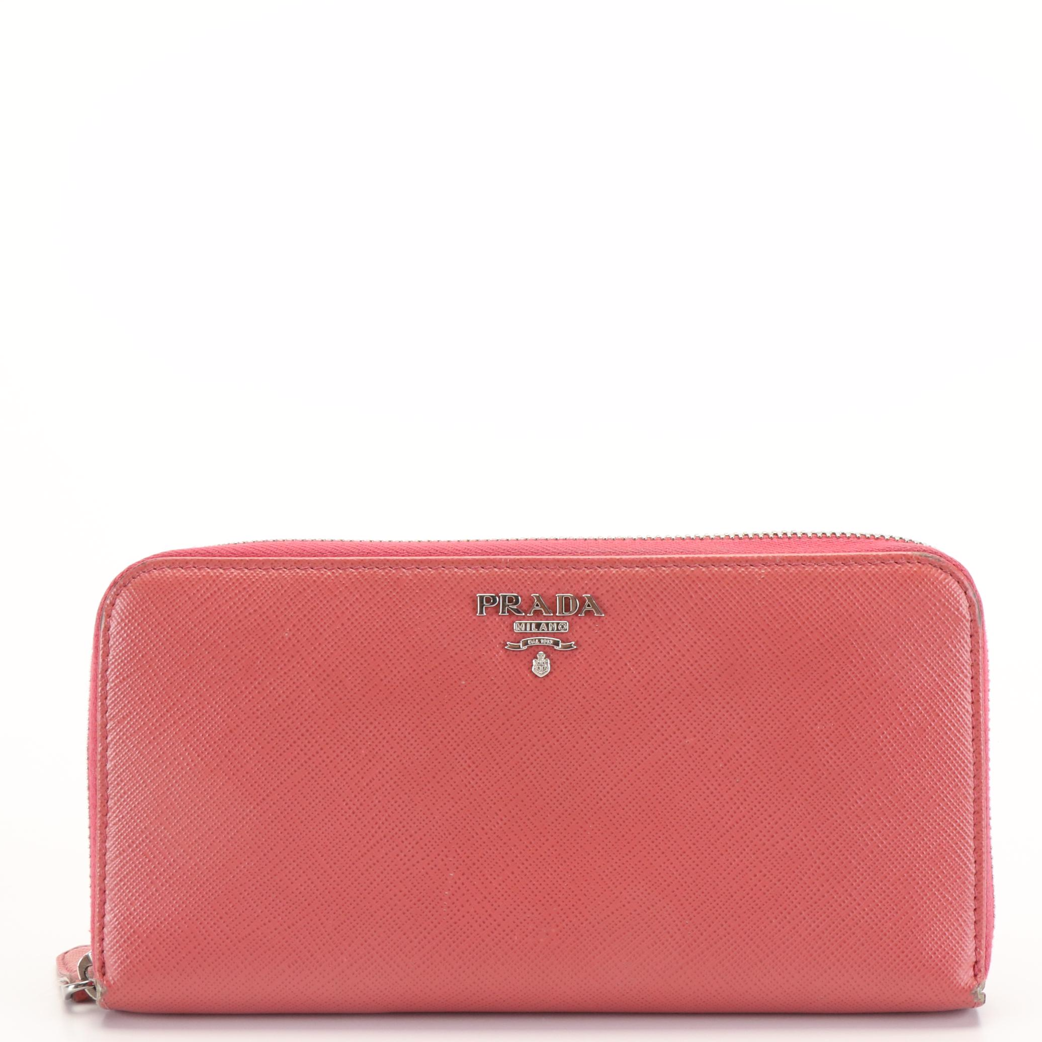 Prada Pink Coral Saffiano Leather Zip Around Wallet