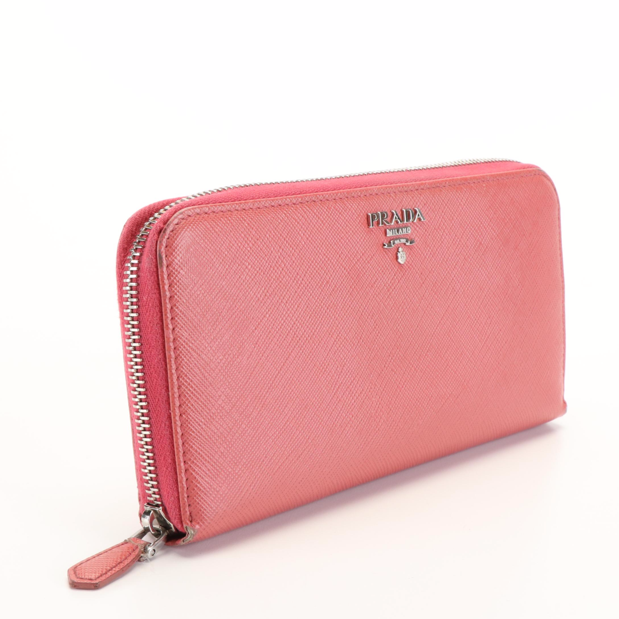 Prada Pink Coral Saffiano Leather Zip Around Wallet
